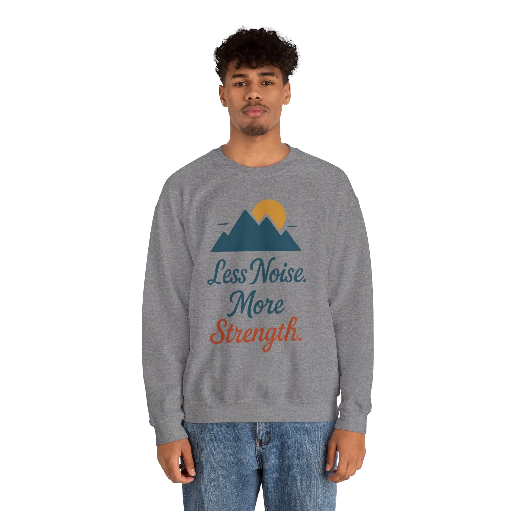 Mens Less Noise More Strength Sweatshirt, Motivational Mountain Pullover Top, Mens Heavy Blend™ Crewneck Sweatshirt - Image 14