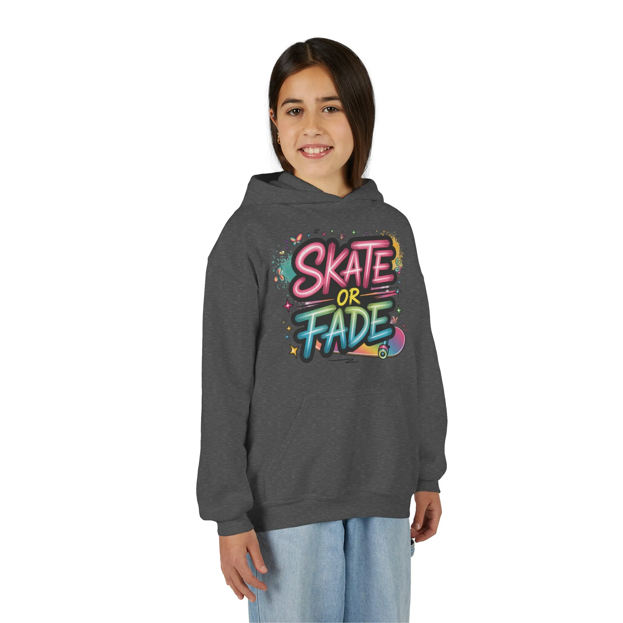 Youth Heavy Blend Hooded Sweatshirt, Skate Or Fade Girls Shirt, Colorful Graffiti Skateboarding Hoodie - Image 7