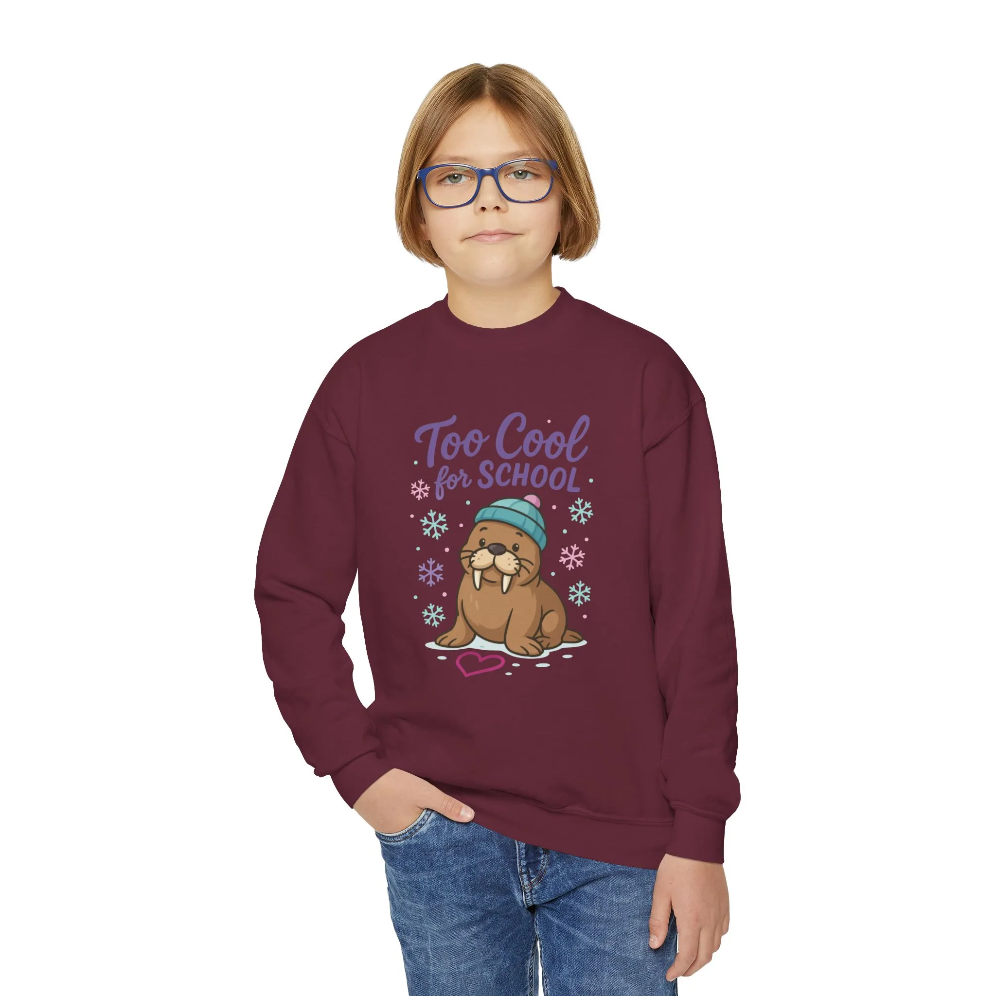 Youth Crewneck Sweatshirt, Kids Too Cool for School Walrus Sweatshirt, Funny Animal Pullover, Cute Winter Top - Image 12