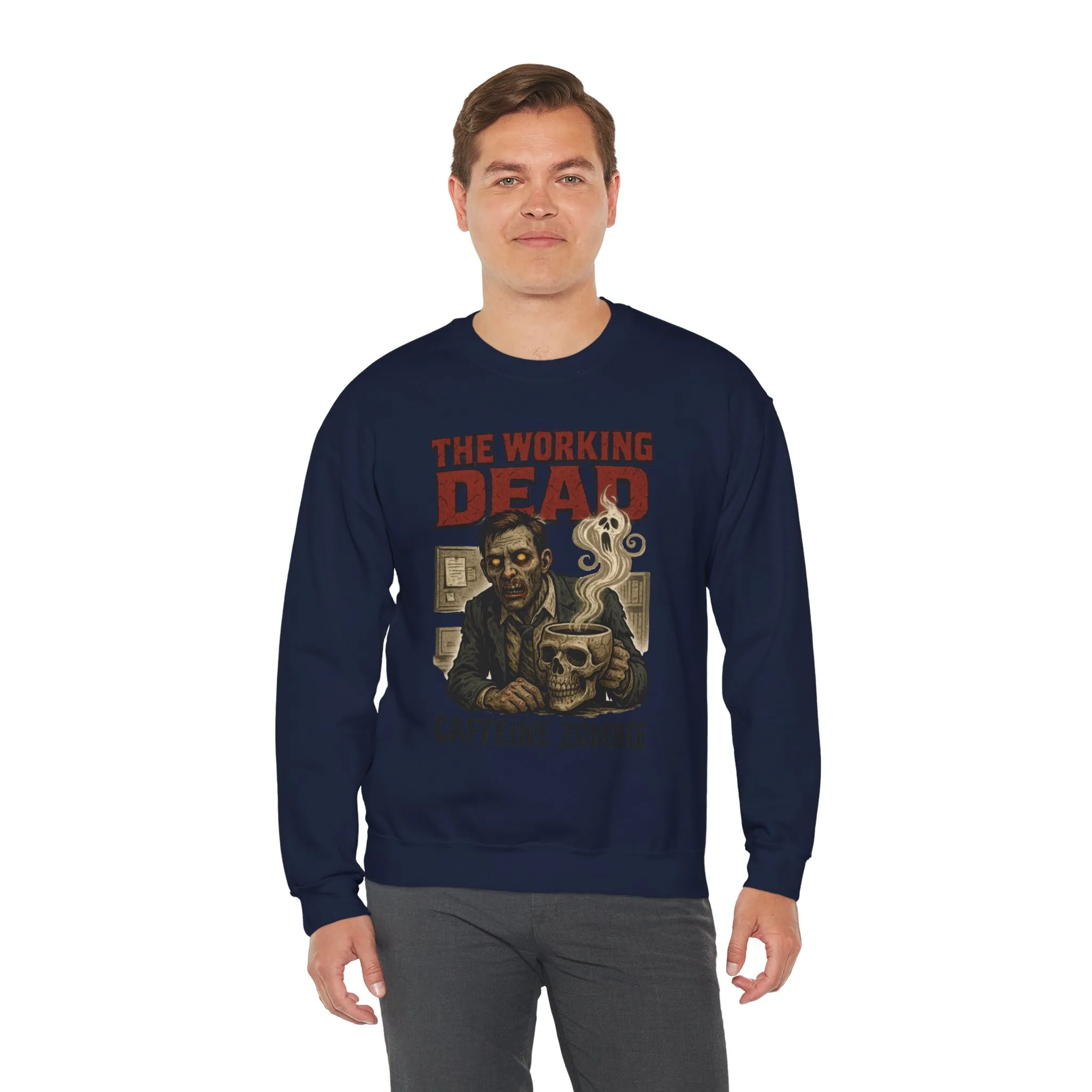 The Working Dead Men's Funny Zombie Sweatshirt, Office Humor Crewneck, Halloween Zombie Top, Coffee Zombie Sweatshirt - Image 27