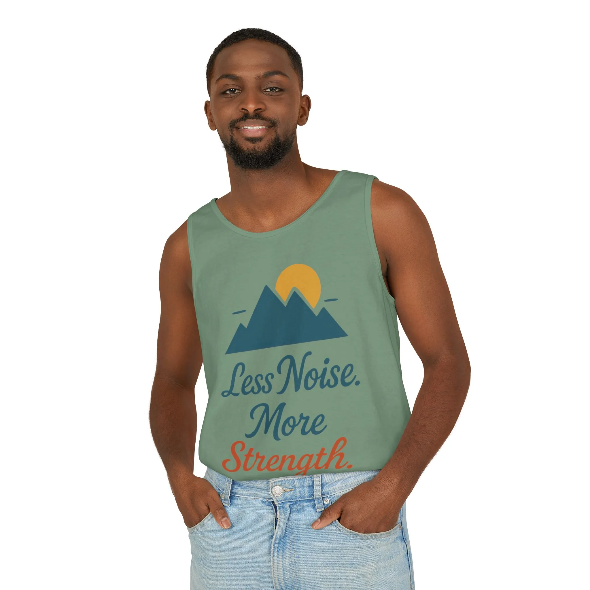 Mens Garment-Dyed Tank Top, Mens Less Noise More Strength Tank Top, Minimal Mountain Fitness Graphic Shirt - Image 15