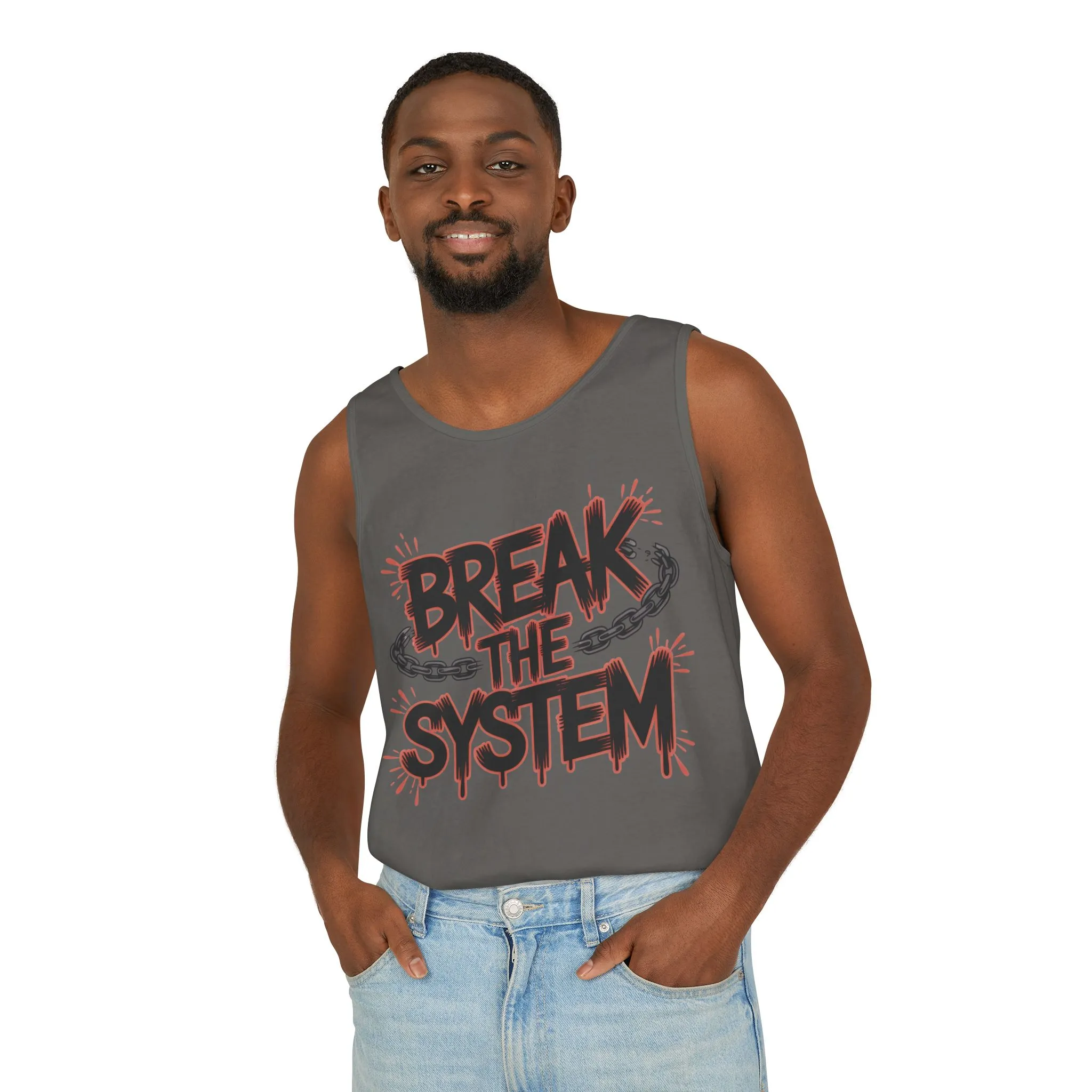 Men's Garment-Dyed Tank Top, Break the System Tank Top, Graphic Protest Muscle Tee, Streetwear Activist Summer Top - Image 6
