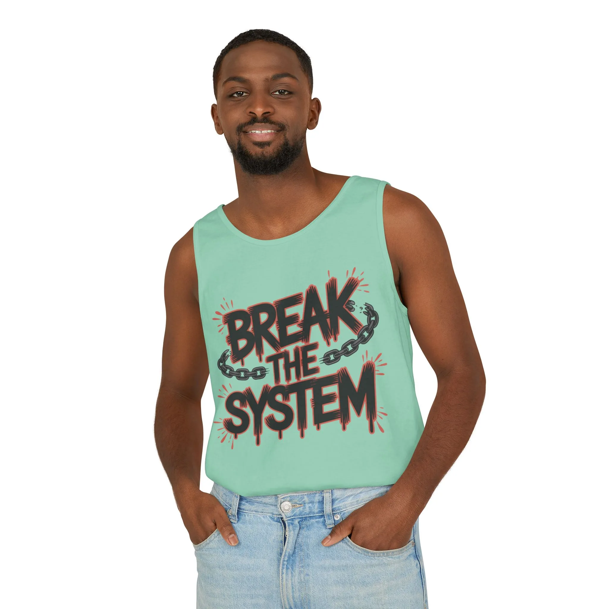 Men's Garment-Dyed Tank Top, Break the System Tank Top, Graphic Protest Muscle Tee, Streetwear Activist Summer Top - Image 12
