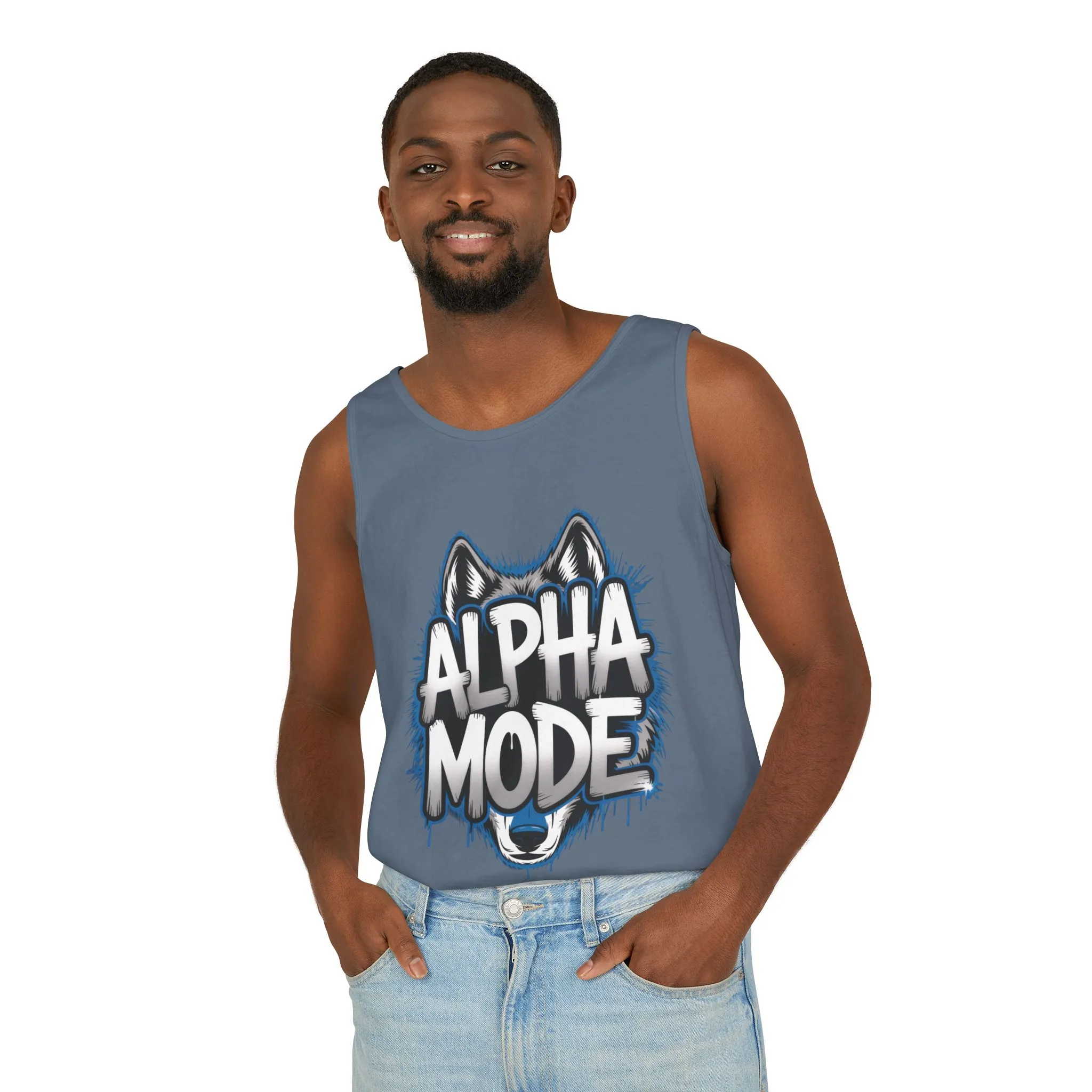 Mens Garment-Dyed Tank Top, Alpha Mode Wolf Graphic Mens Tank Top Gym Wear - Image 15