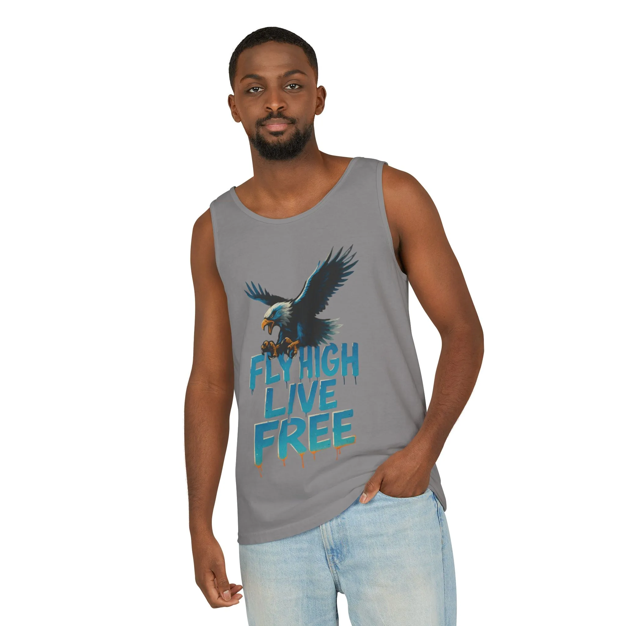 Mens Garment-Dyed Tank Top, Fly High Live Free Eagle Mens Tank Top Gym Wear - Image 6