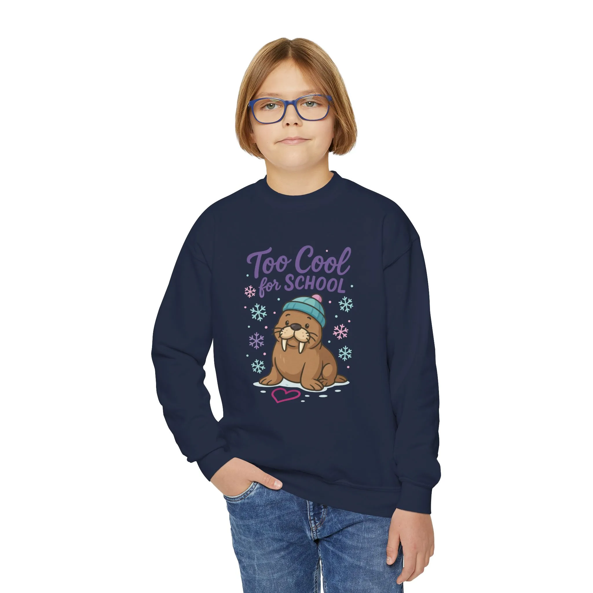 Youth Crewneck Sweatshirt, Kids Too Cool for School Walrus Sweatshirt, Funny Animal Pullover, Cute Winter Top - Image 21