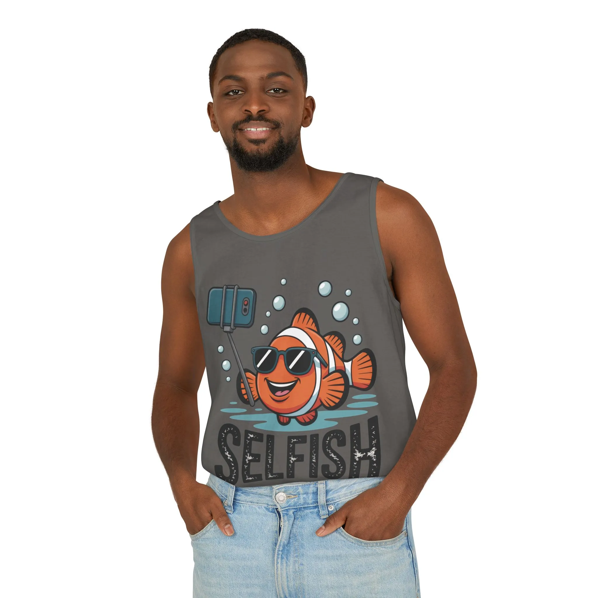 Mens Garment-Dyed Tank Top, Mens Selfish Funny Fish Tank Top, Cute Selfie Graphic Shirt, Ocean Humor Top - Image 9