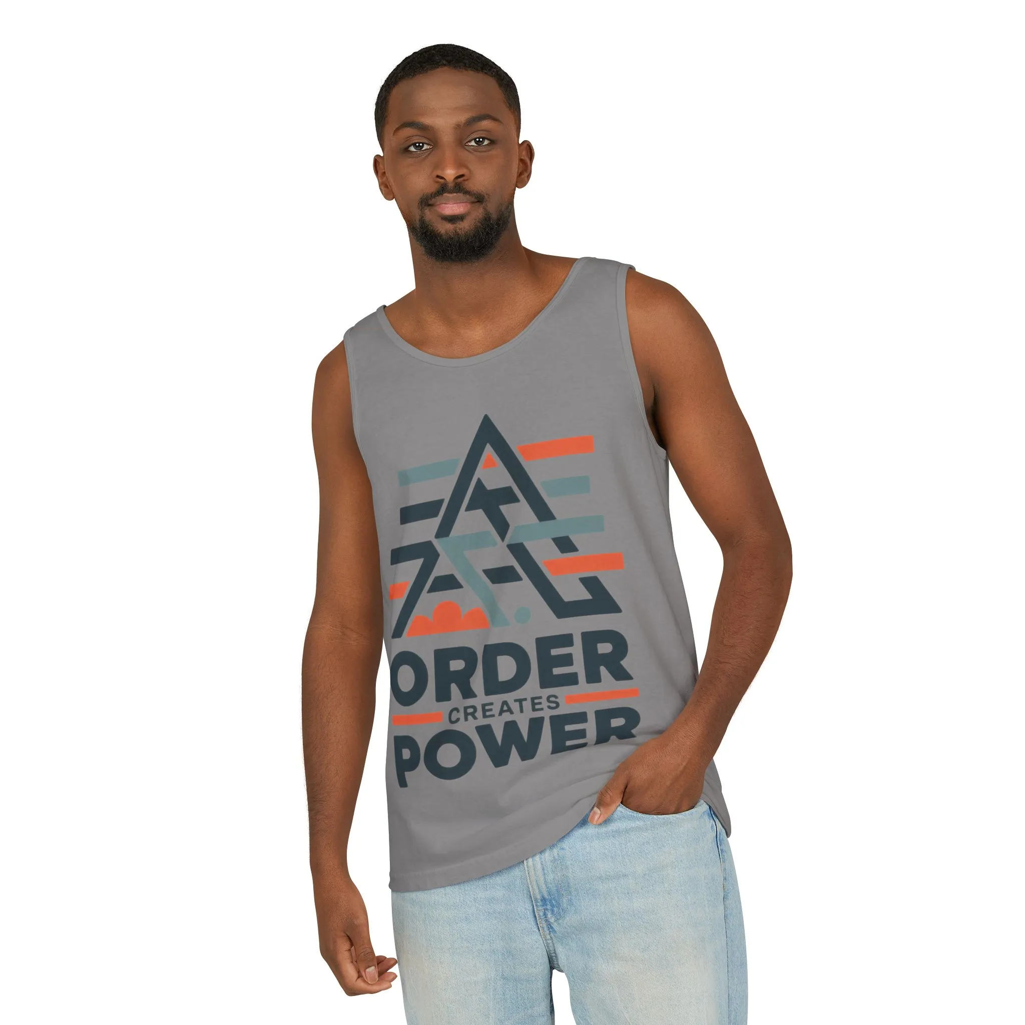 Mens Garment-Dyed Tank Top, Mens Tank Top Order Creates Power, Minimal Geometric Motivational Graphic Summer Shirt - Image 8