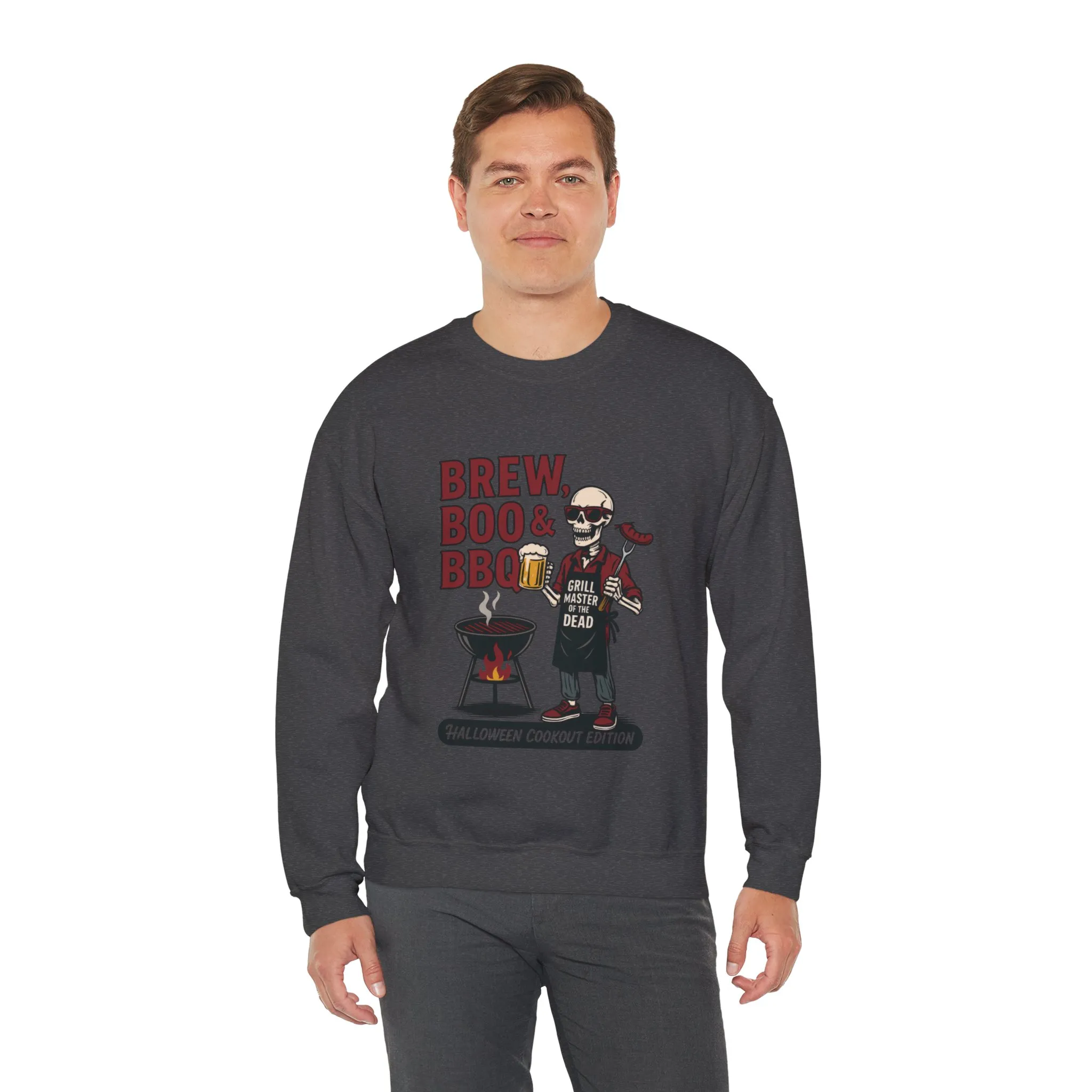 Halloween BBQ Men's Sweatshirt, Brew Boo & BBQ Skeleton Grill Master, Spooky Dad Gift, Skeleton Dad Sweat, Grill Master Crew - Image 12