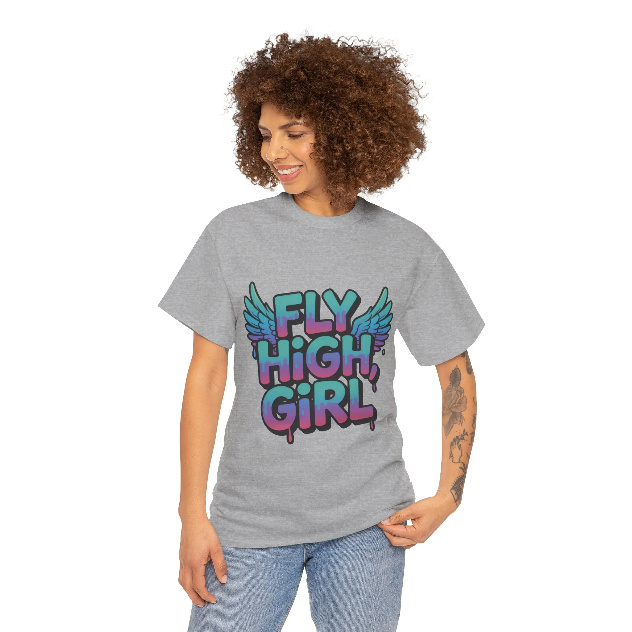 Women's Graphic Tee Fly High Girl, Angel Wings Graffiti Drip T-Shirt, Bold Streetwear Top - Image 8