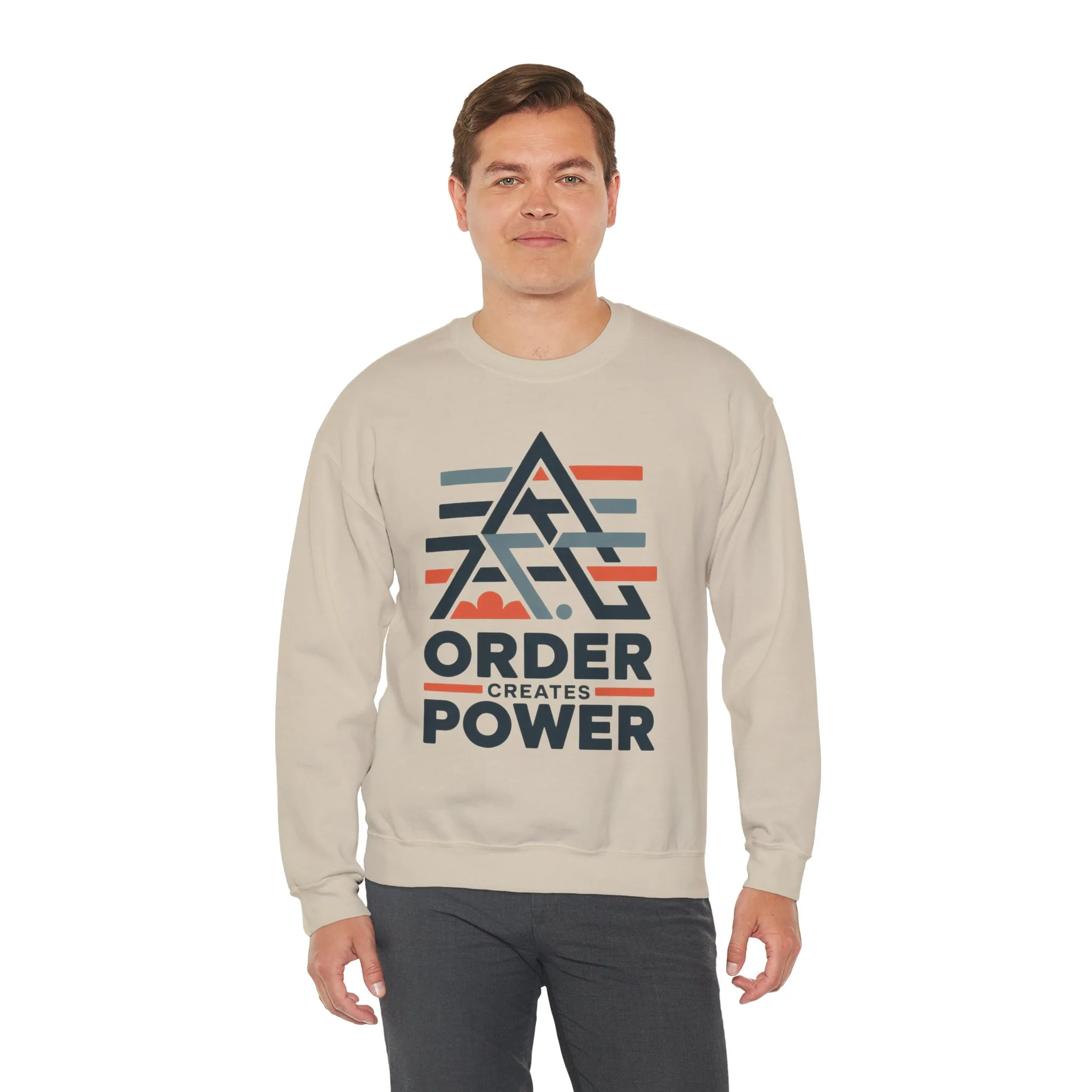 Mens Sweatshirt Order Creates Power, Minimal Geometric Motivational Graphic Pullover, Heavy Blend™ Crewneck Sweatshirt - Image 4