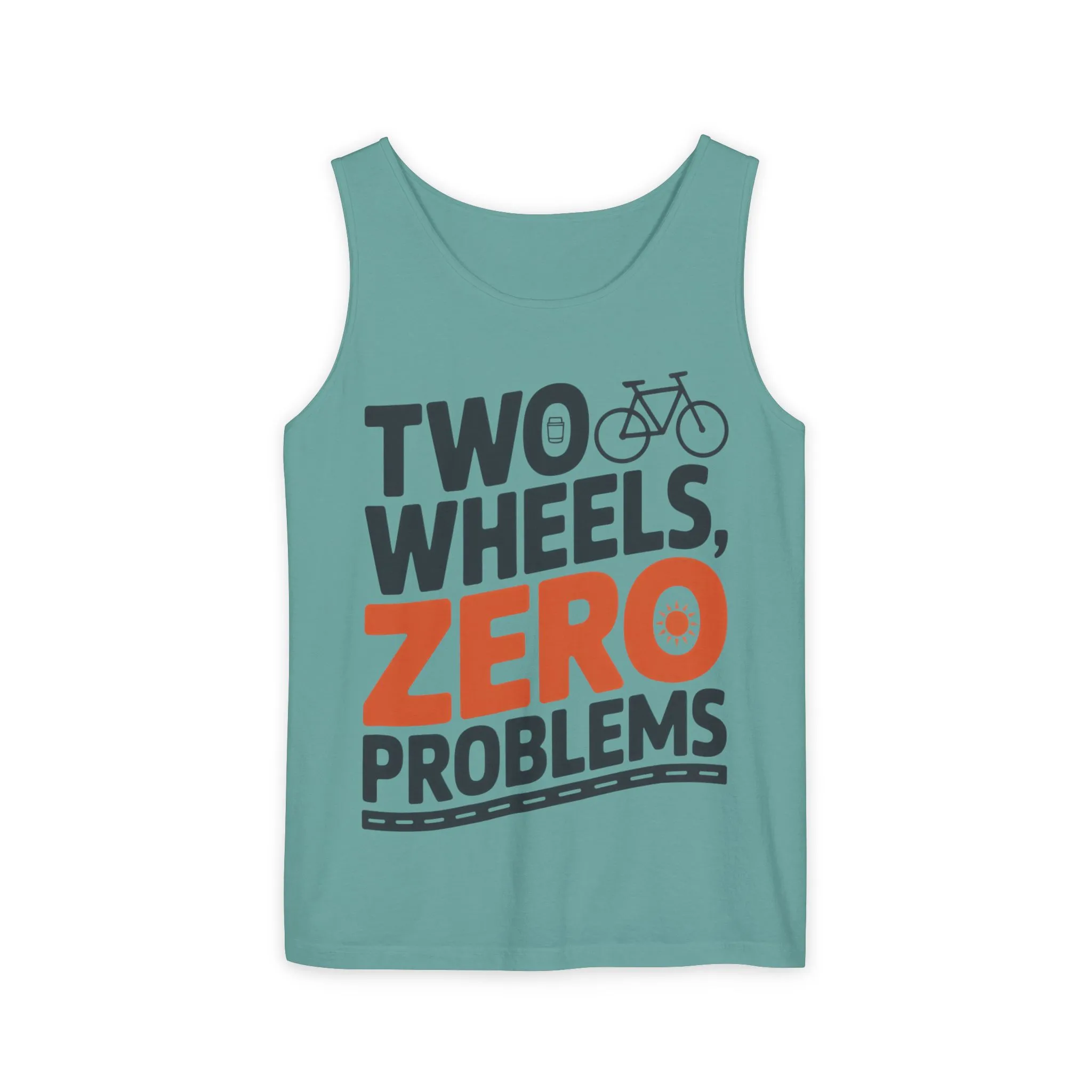 Mens Garment-Dyed Tank Top, Two Wheels Zero Problems Mens Cycling Graphic Tank, Gift for Cyclists - Image 9