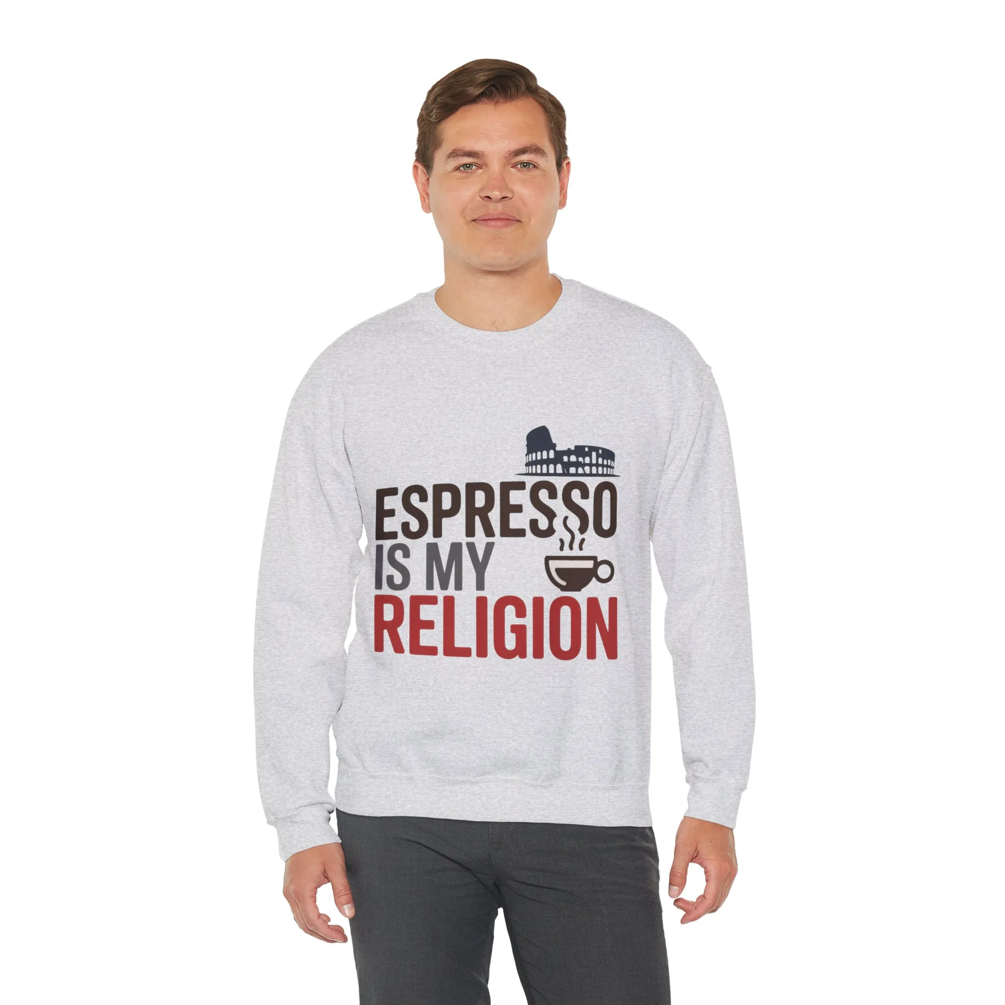 Mens Heavy Blend™ Crewneck Sweatshirt, Espresso Is My Religion Coffee Rome Mens Sweatshirt, Barista Gift, Coffee Lover Gift - Image 6