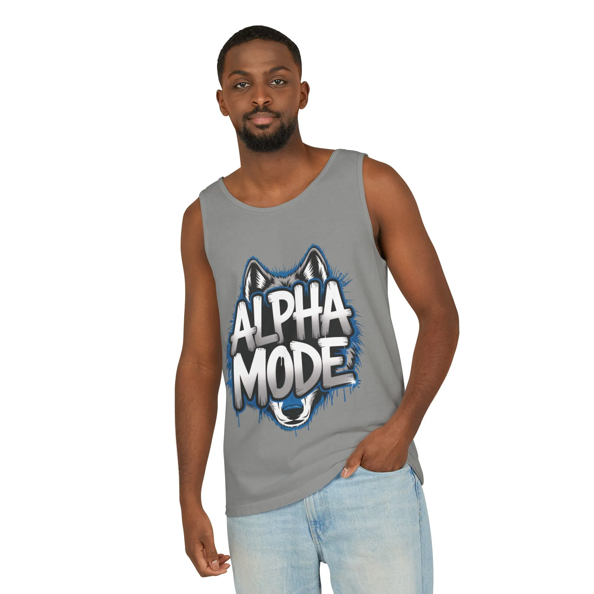 Mens Garment-Dyed Tank Top, Alpha Mode Wolf Graphic Mens Tank Top Gym Wear - Image 17