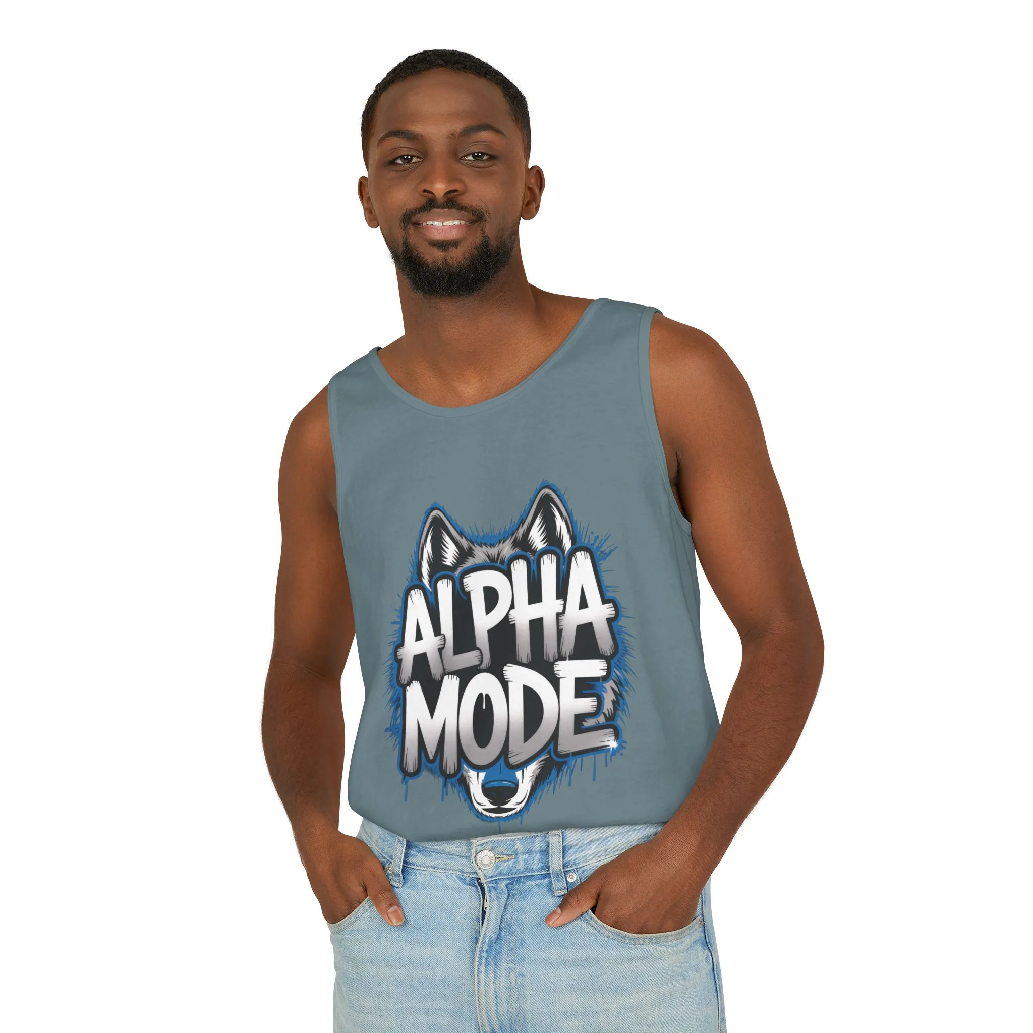 Mens Garment-Dyed Tank Top, Alpha Mode Wolf Graphic Mens Tank Top Gym Wear - Image 21