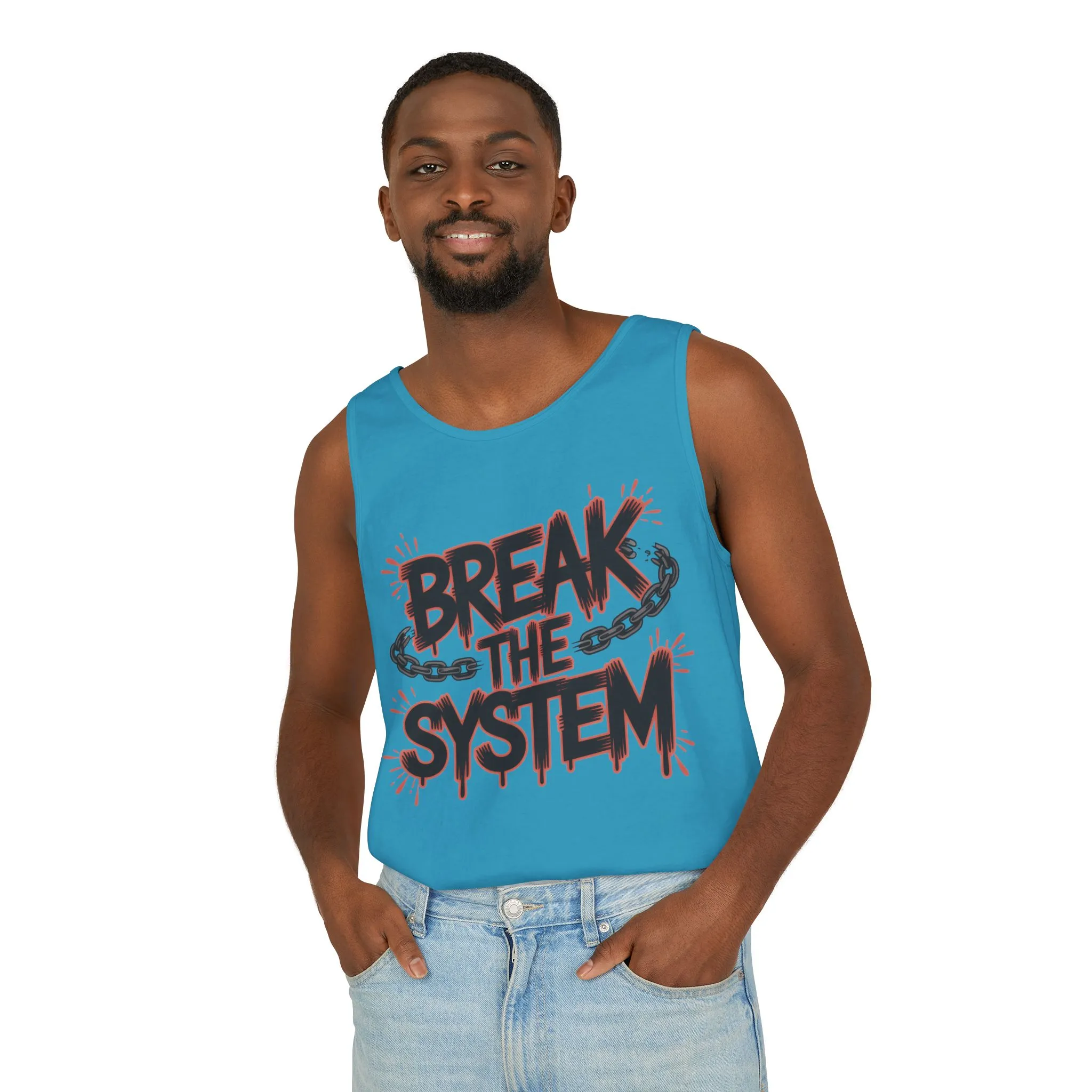 Men's Garment-Dyed Tank Top, Break the System Tank Top, Graphic Protest Muscle Tee, Streetwear Activist Summer Top - Image 3