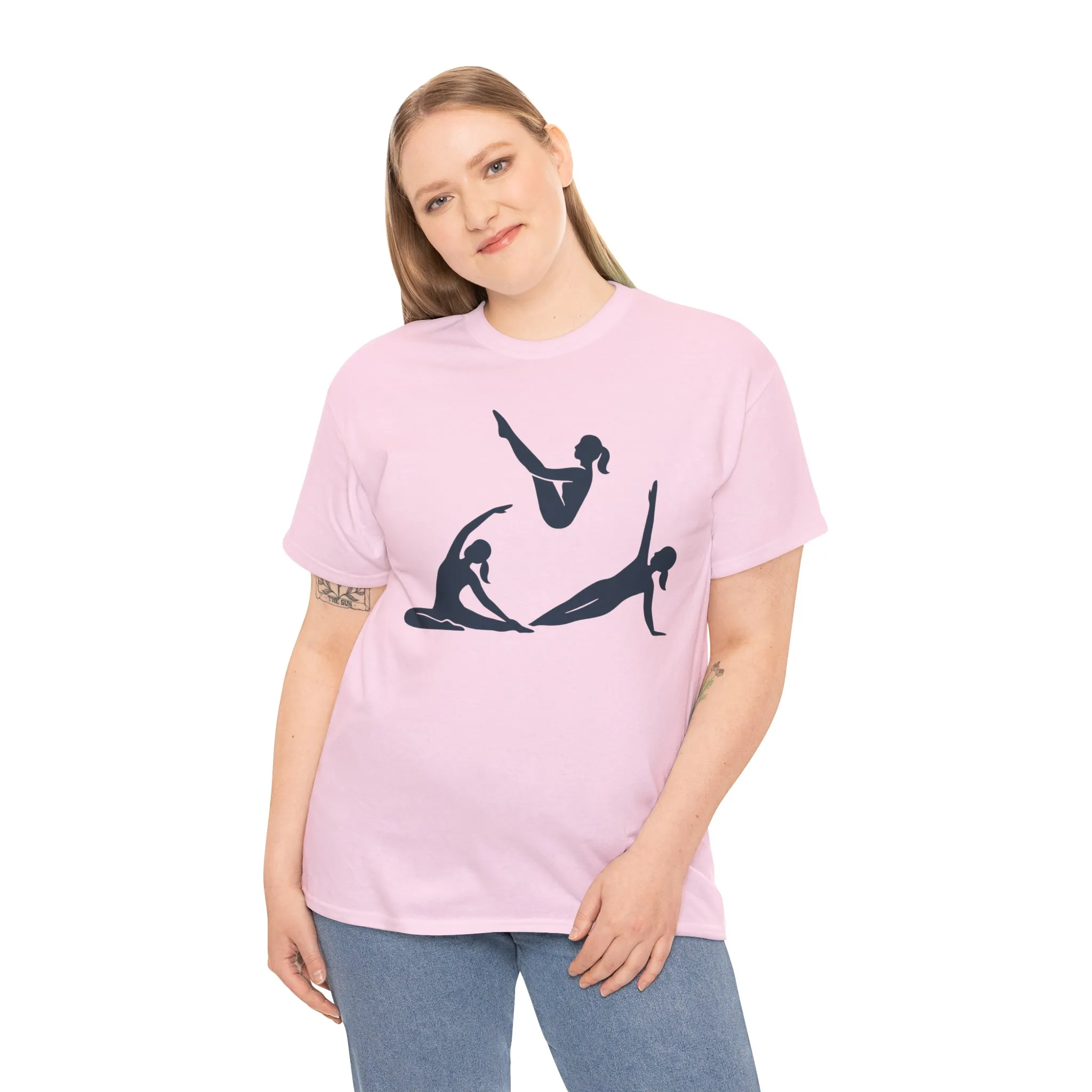 Womens Heavy Cotton Tee, Womens Pilates Graphic T-Shirt, Yoga Fitness Tee, Workout Top with Silhouette Print - Image 3