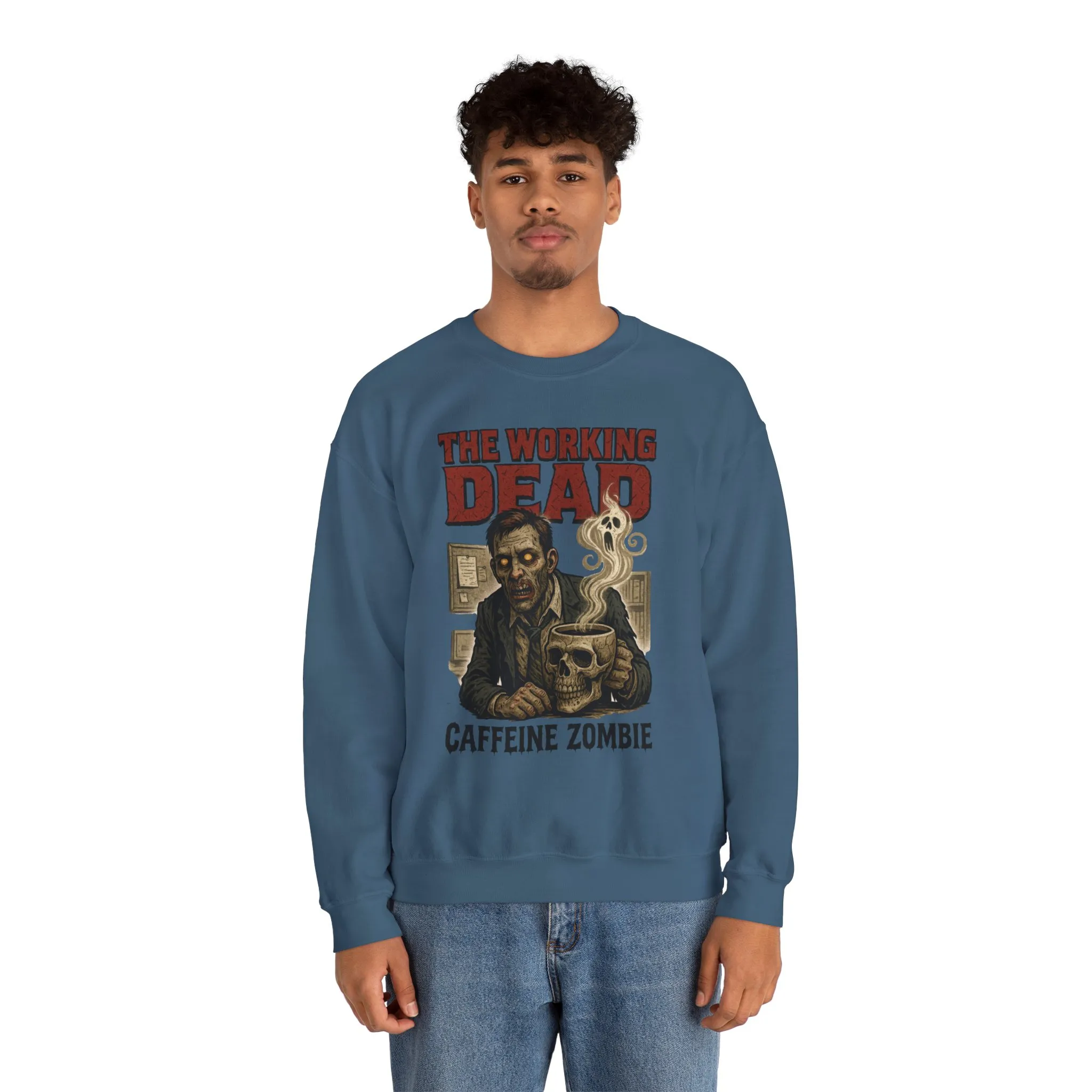 The Working Dead Men's Funny Zombie Sweatshirt, Office Humor Crewneck, Halloween Zombie Top, Coffee Zombie Sweatshirt - Image 20