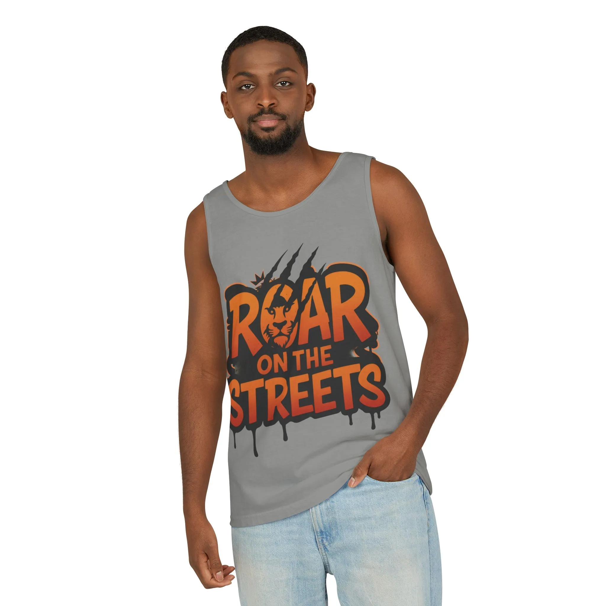 Mens Garment-Dyed Tank Top, Roar on the Streets Lion Graphic Mens Tank Top - Image 16