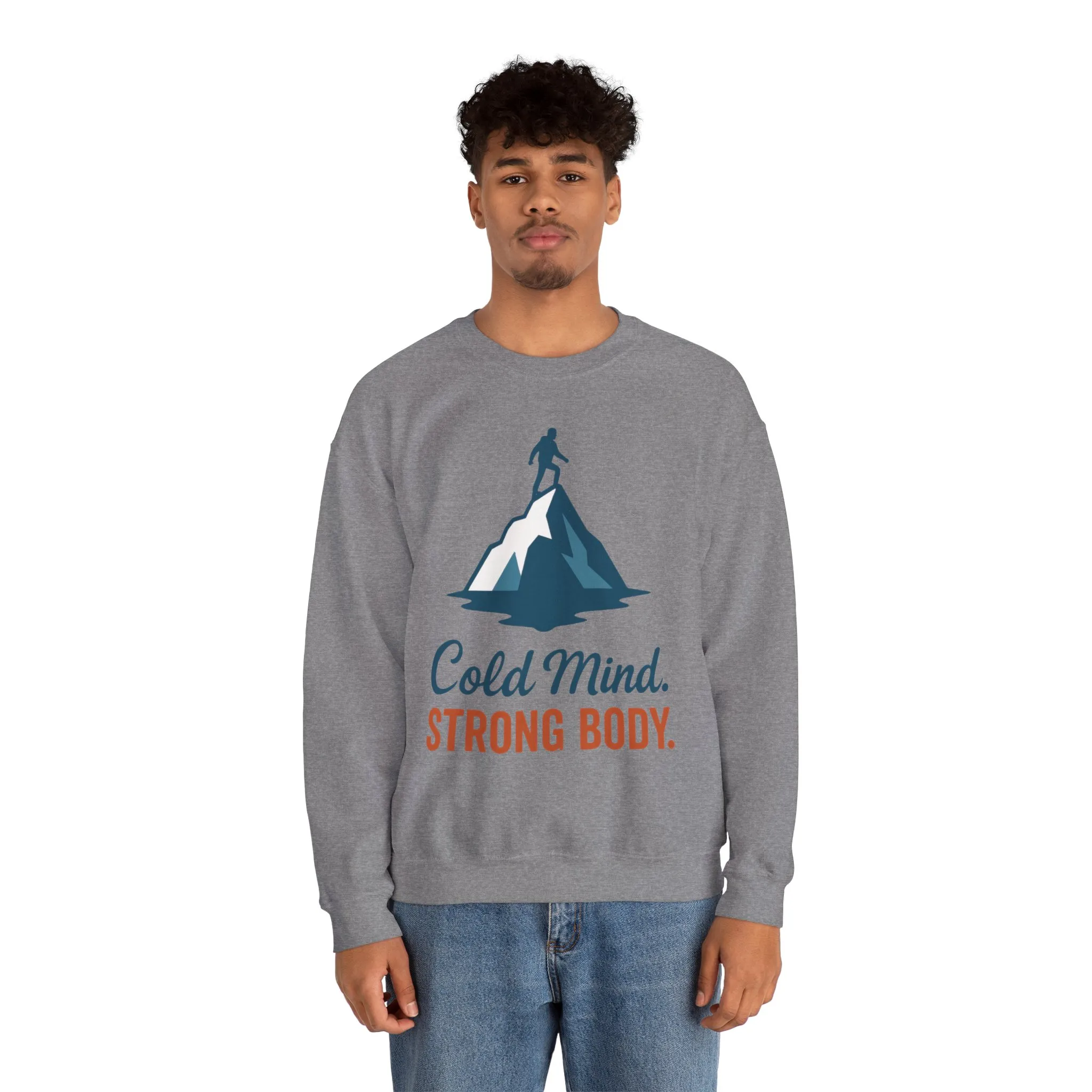 Mens Heavy Blend™ Crewneck Sweatshirt, Cold Mind Strong Body Sweatshirt, Nordic Mountain Minimalist Pullover