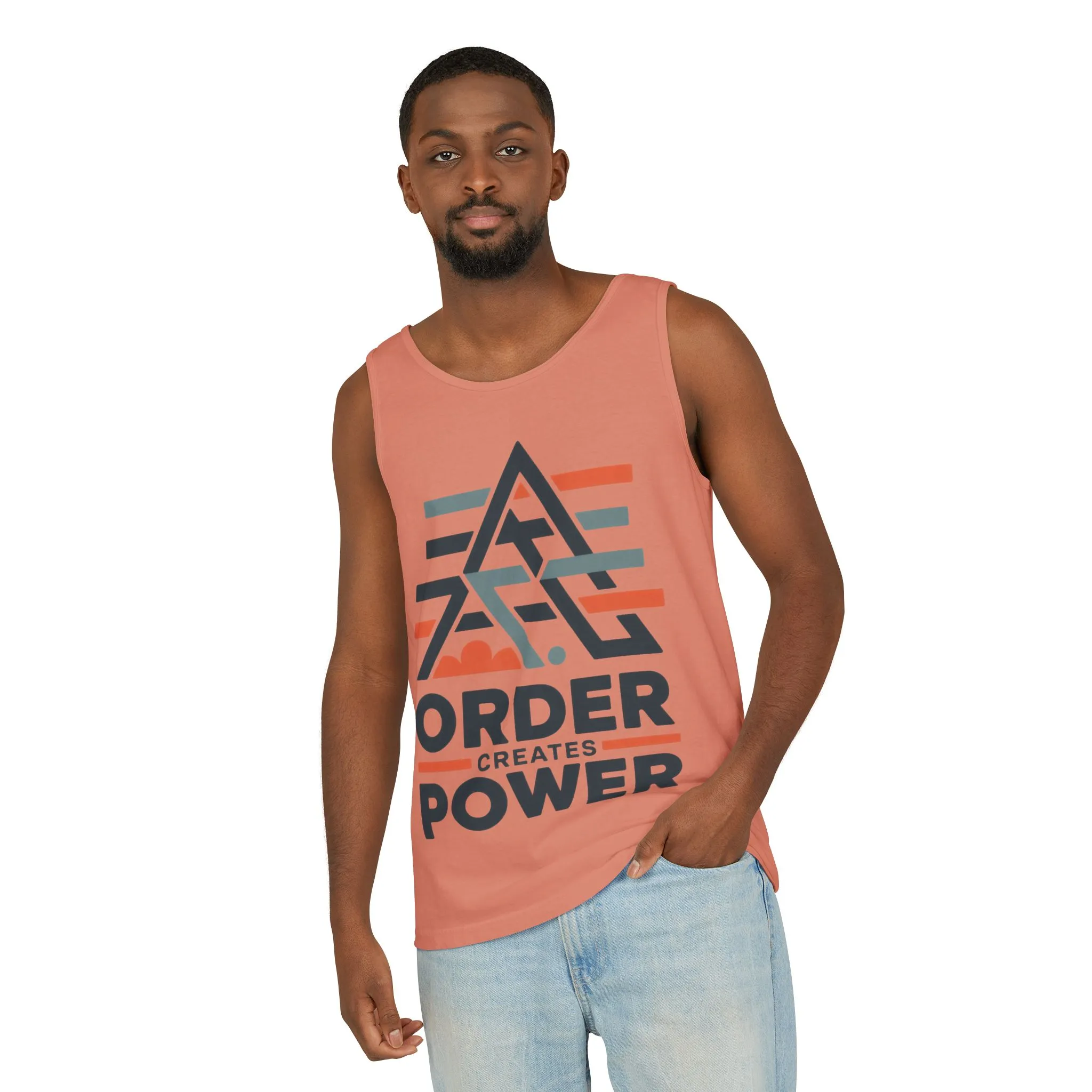 Mens Garment-Dyed Tank Top, Mens Tank Top Order Creates Power, Minimal Geometric Motivational Graphic Summer Shirt - Image 4