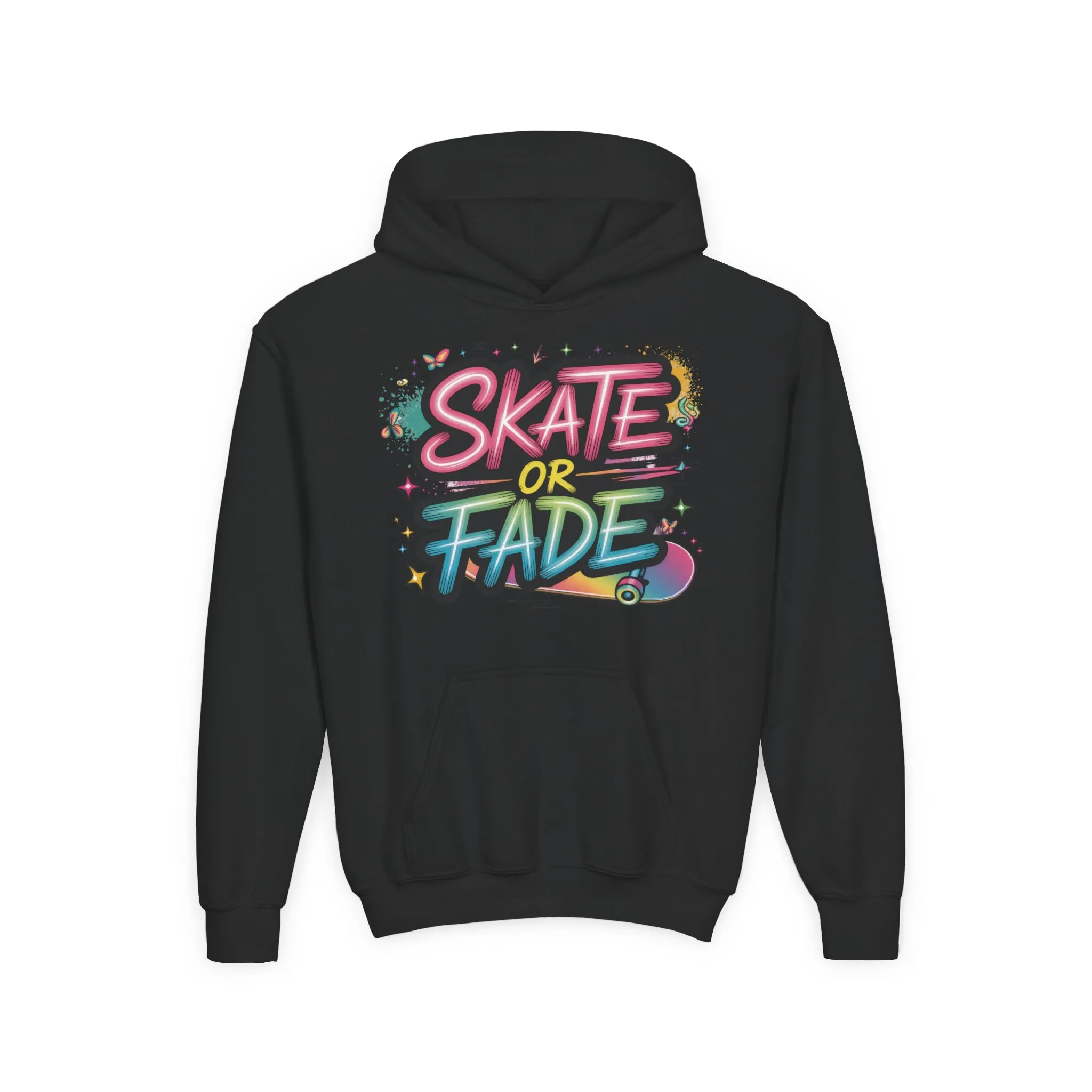 Youth Heavy Blend Hooded Sweatshirt, Skate Or Fade Girls Shirt, Colorful Graffiti Skateboarding Hoodie - Image 2