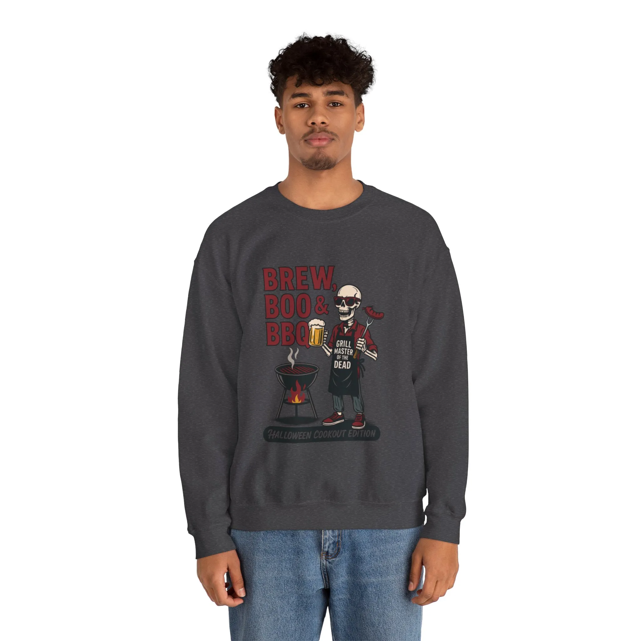 Halloween BBQ Men's Sweatshirt, Brew Boo & BBQ Skeleton Grill Master, Spooky Dad Gift, Skeleton Dad Sweat, Grill Master Crew - Image 11