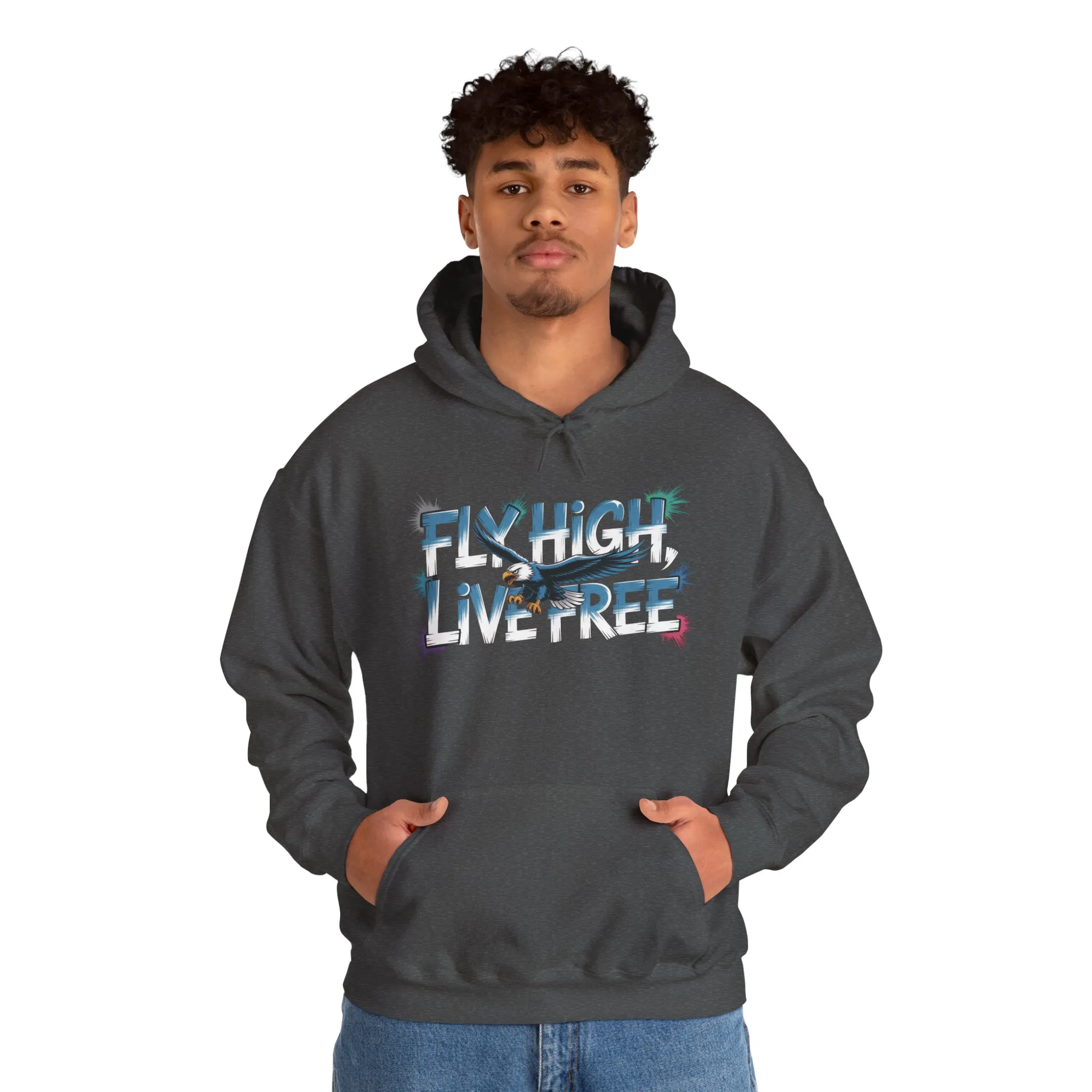 Mens Heavy Blend™ Hooded Sweatshirt, Fly High Live Free Eagle Mens Hoodie Streetwear - Image 11