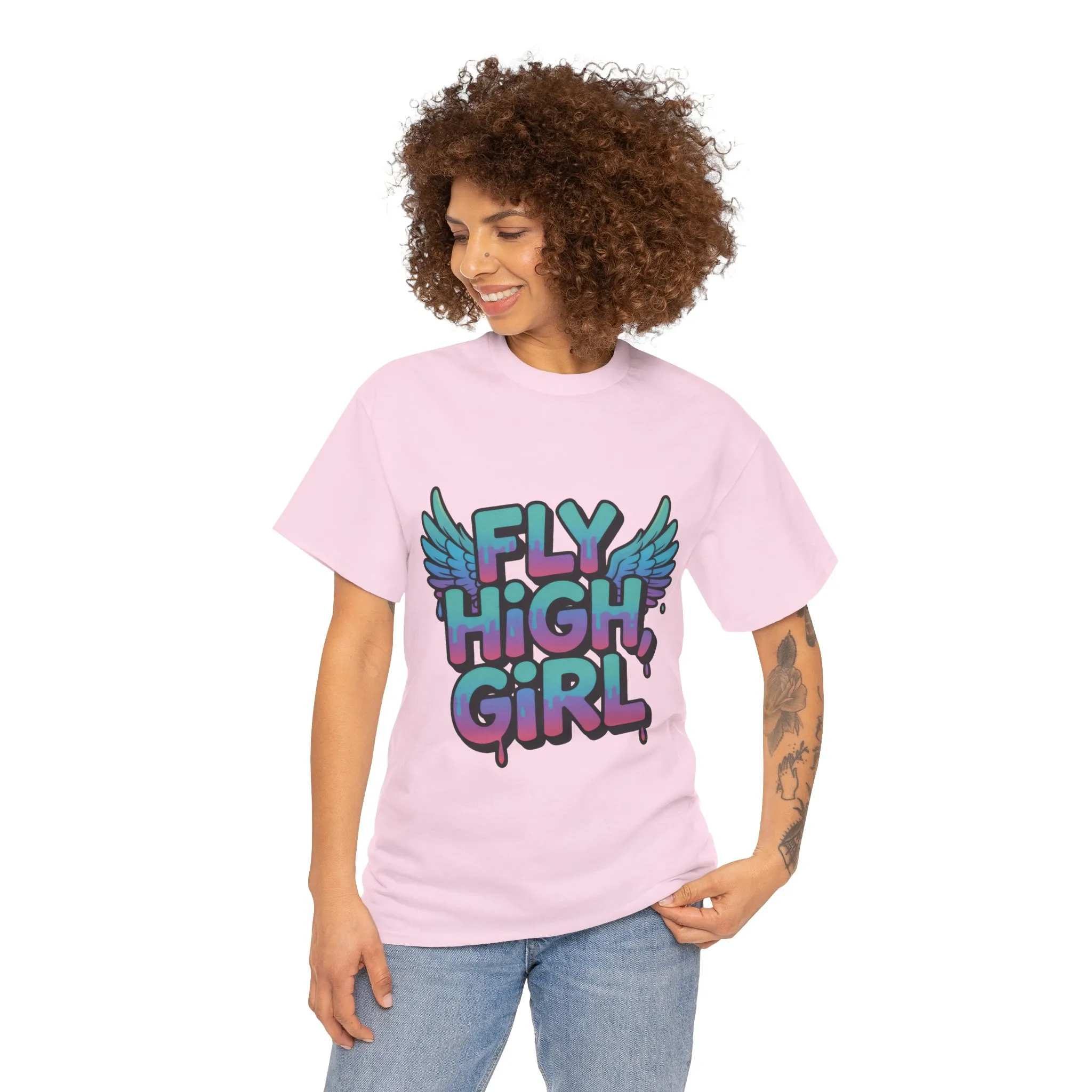Women's Graphic Tee Fly High Girl, Angel Wings Graffiti Drip T-Shirt, Bold Streetwear Top - Image 20