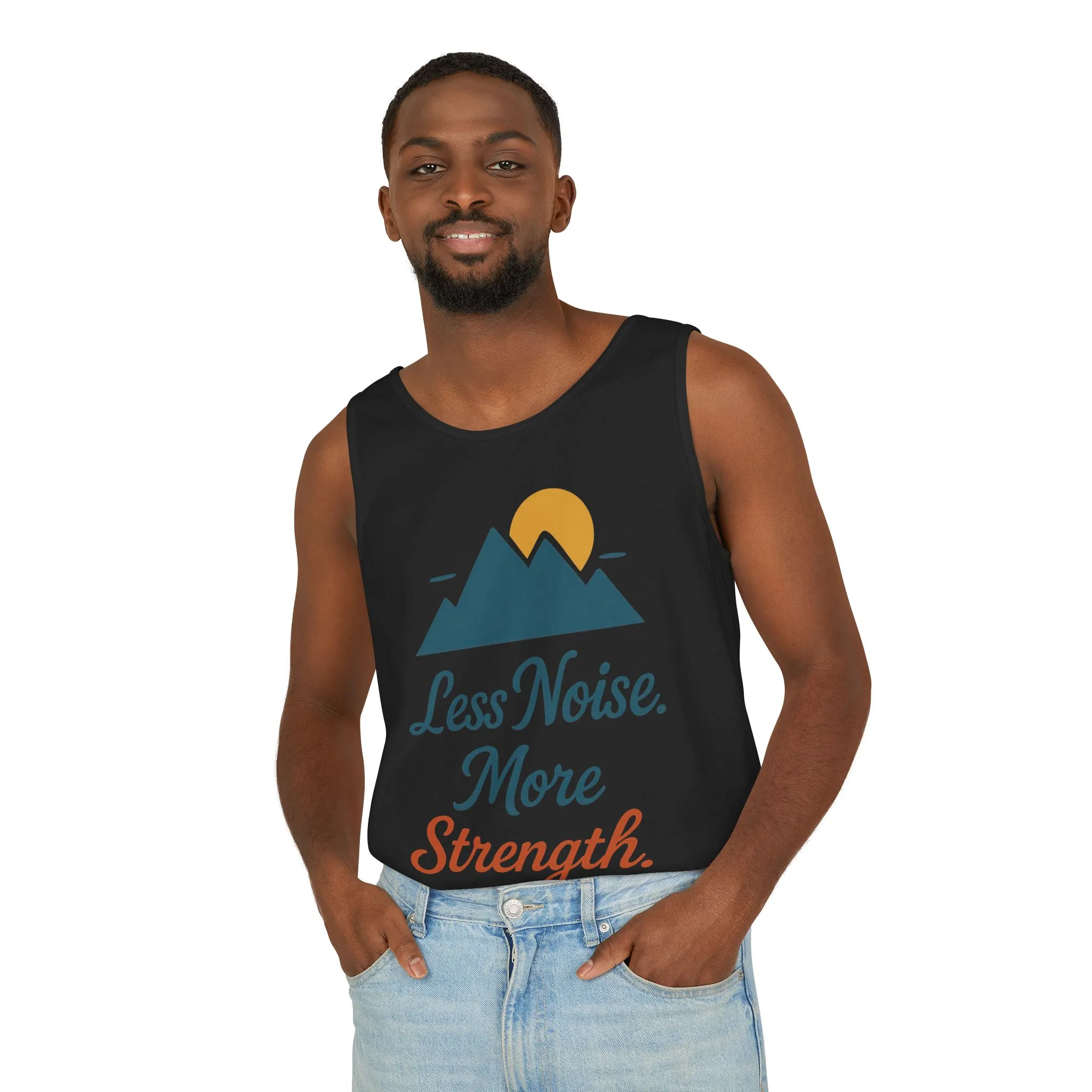 Mens Garment-Dyed Tank Top, Mens Less Noise More Strength Tank Top, Minimal Mountain Fitness Graphic Shirt - Image 3
