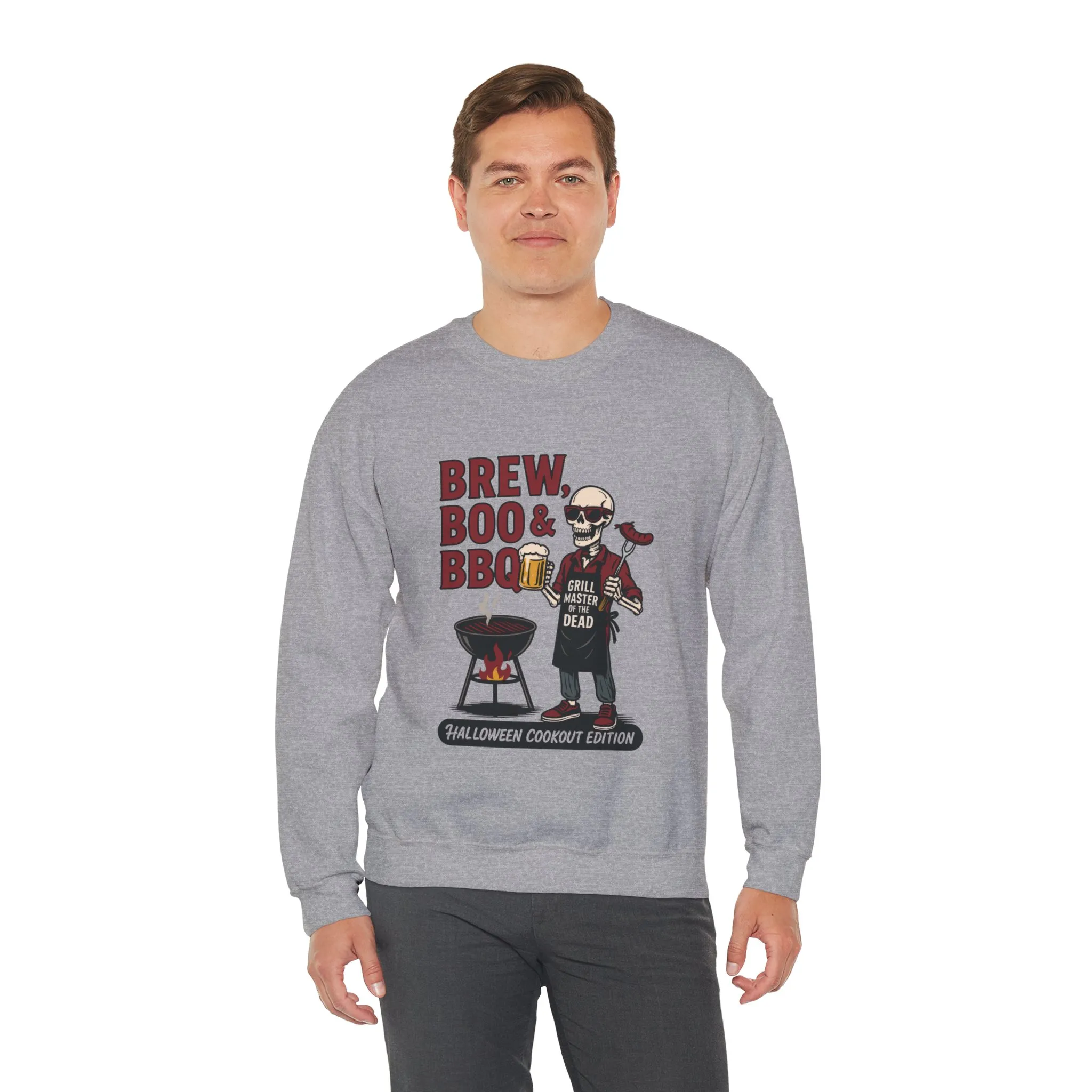Halloween BBQ Men's Sweatshirt, Brew Boo & BBQ Skeleton Grill Master, Spooky Dad Gift, Skeleton Dad Sweat, Grill Master Crew - Image 6