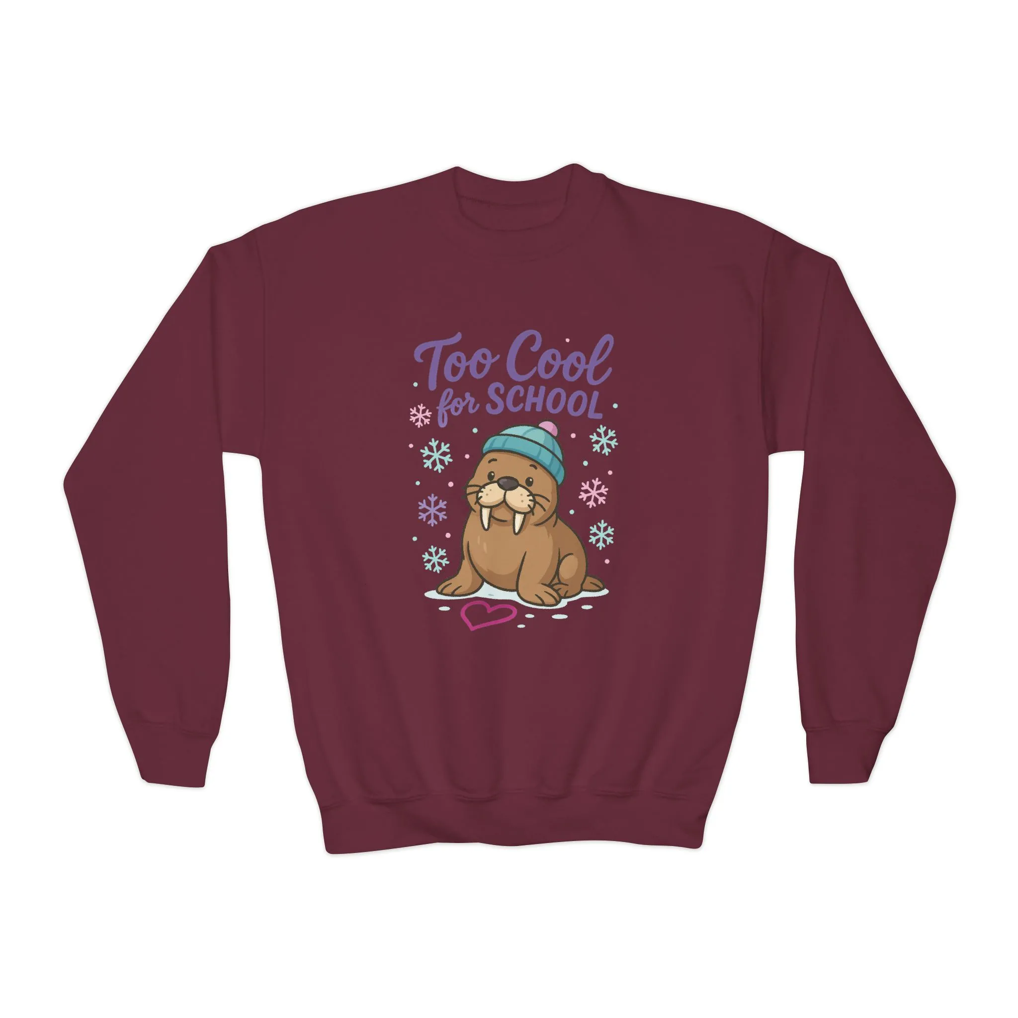 Youth Crewneck Sweatshirt, Kids Too Cool for School Walrus Sweatshirt, Funny Animal Pullover, Cute Winter Top - Image 10