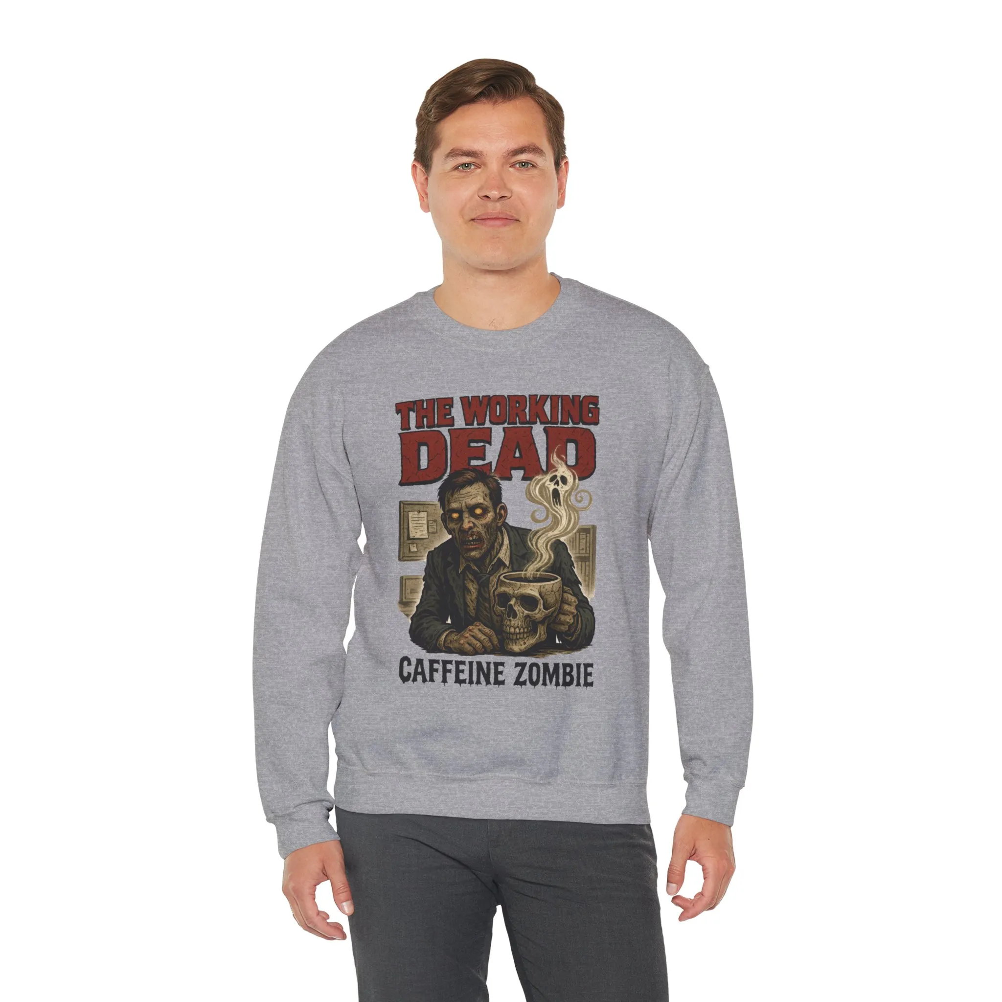 The Working Dead Men's Funny Zombie Sweatshirt, Office Humor Crewneck, Halloween Zombie Top, Coffee Zombie Sweatshirt - Image 9