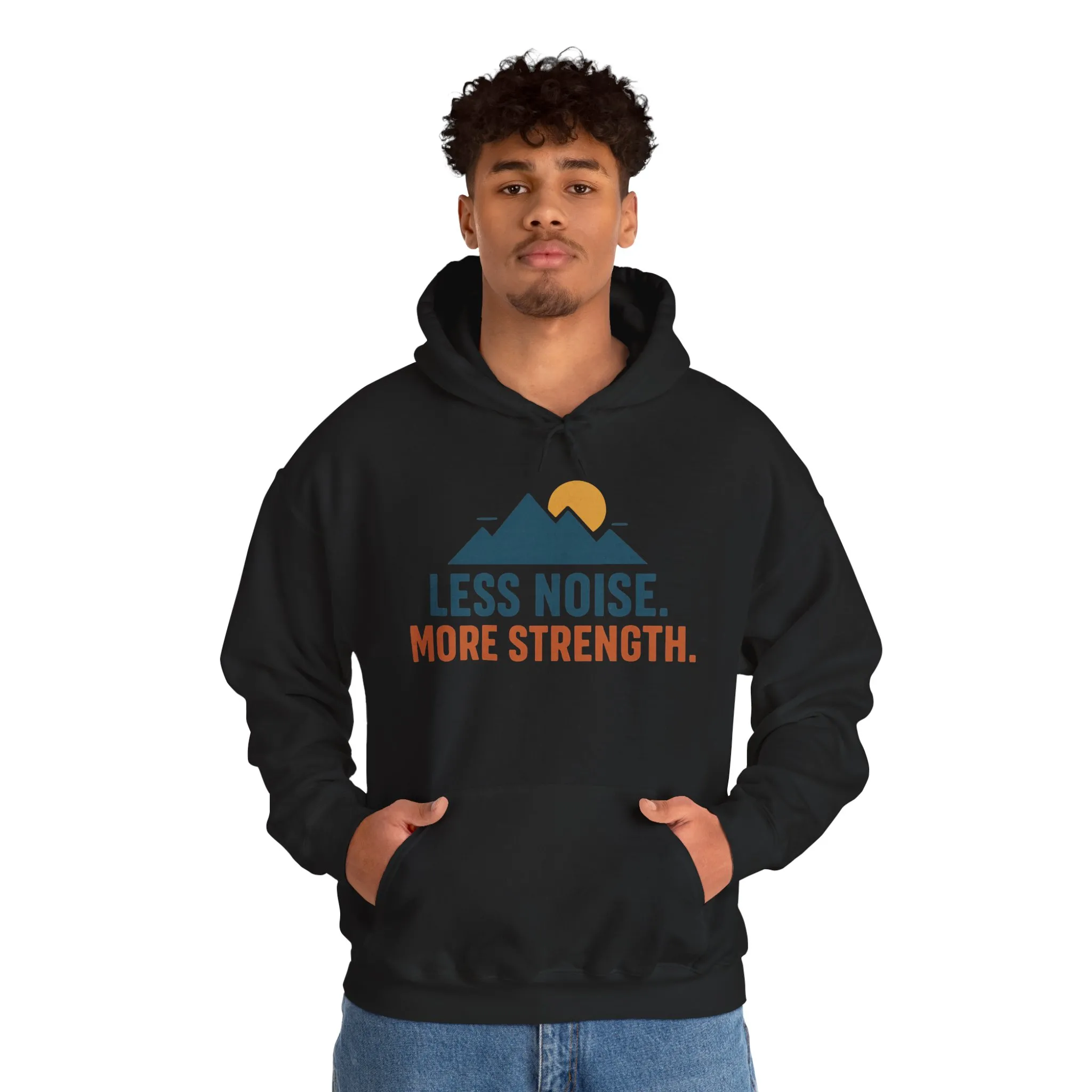 Men’s Less Noise More Strength Hoodie, Motivational Mountain Graphic Pullover, Mens Heavy Blend™ Hooded Sweatshirt