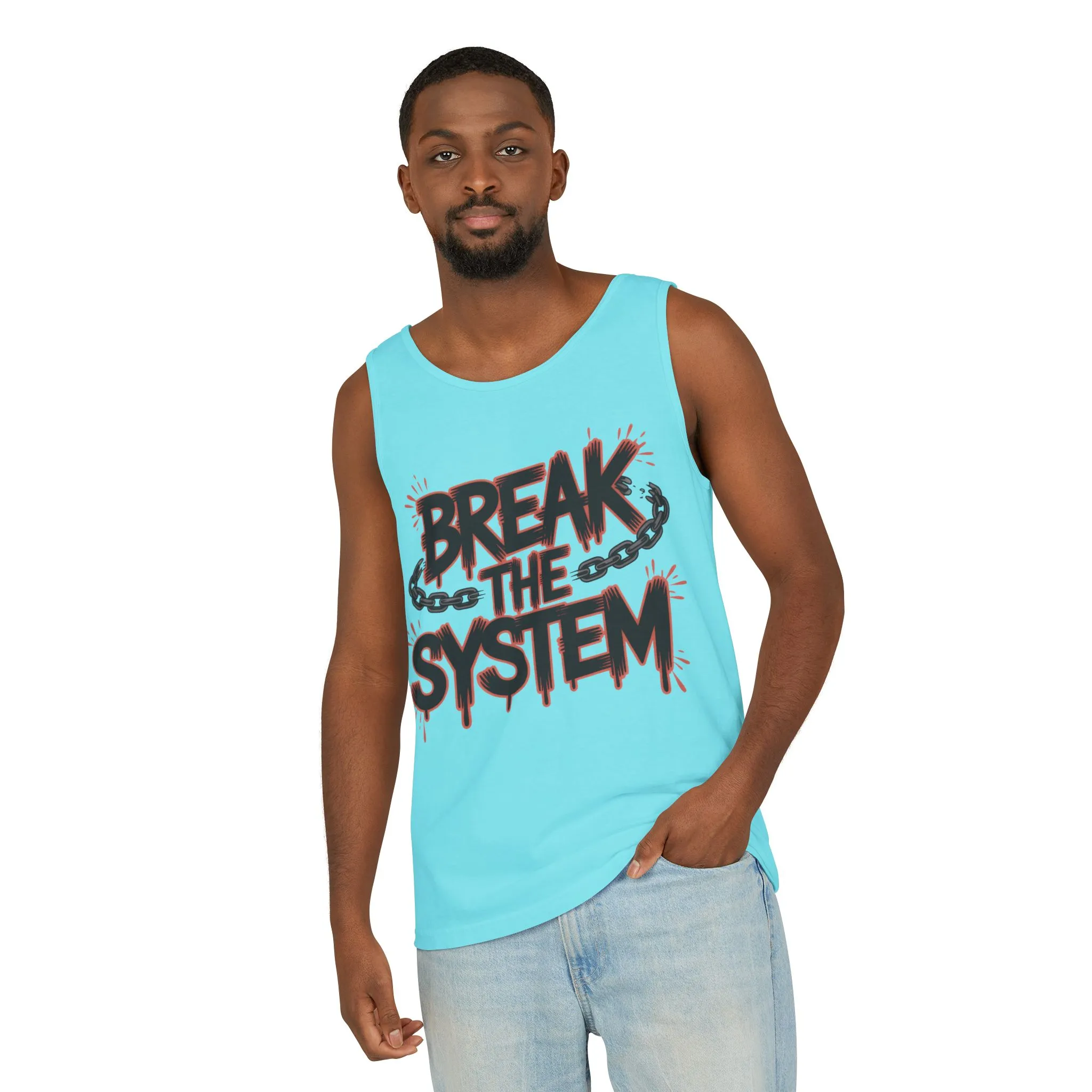 Men's Garment-Dyed Tank Top, Break the System Tank Top, Graphic Protest Muscle Tee, Streetwear Activist Summer Top - Image 16