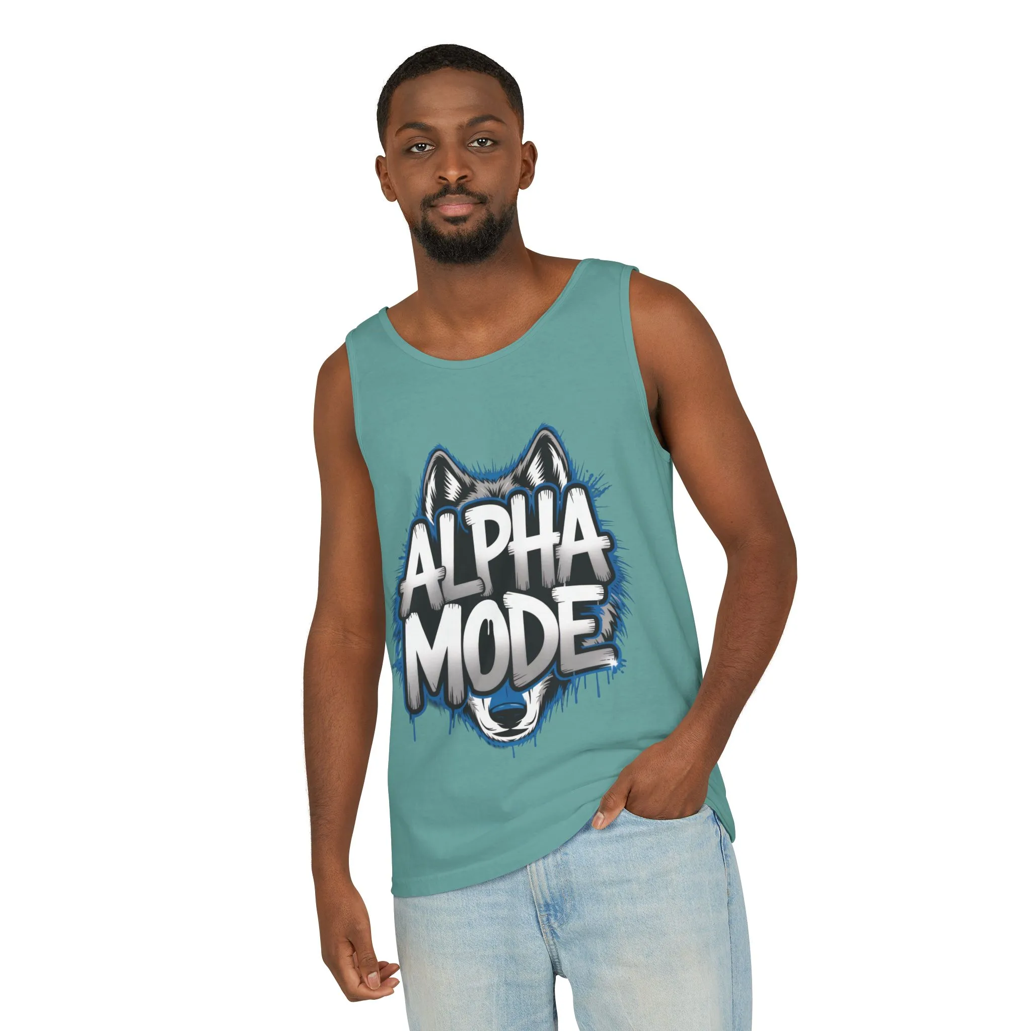 Mens Garment-Dyed Tank Top, Alpha Mode Wolf Graphic Mens Tank Top Gym Wear - Image 35