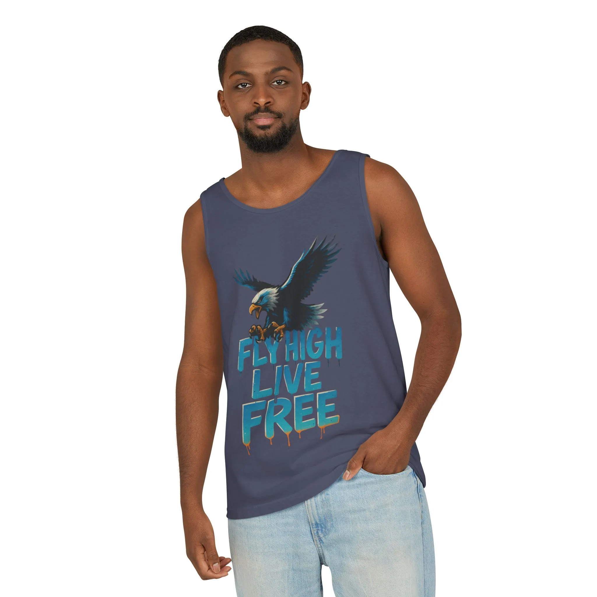 Mens Garment-Dyed Tank Top, Fly High Live Free Eagle Mens Tank Top Gym Wear - Image 16