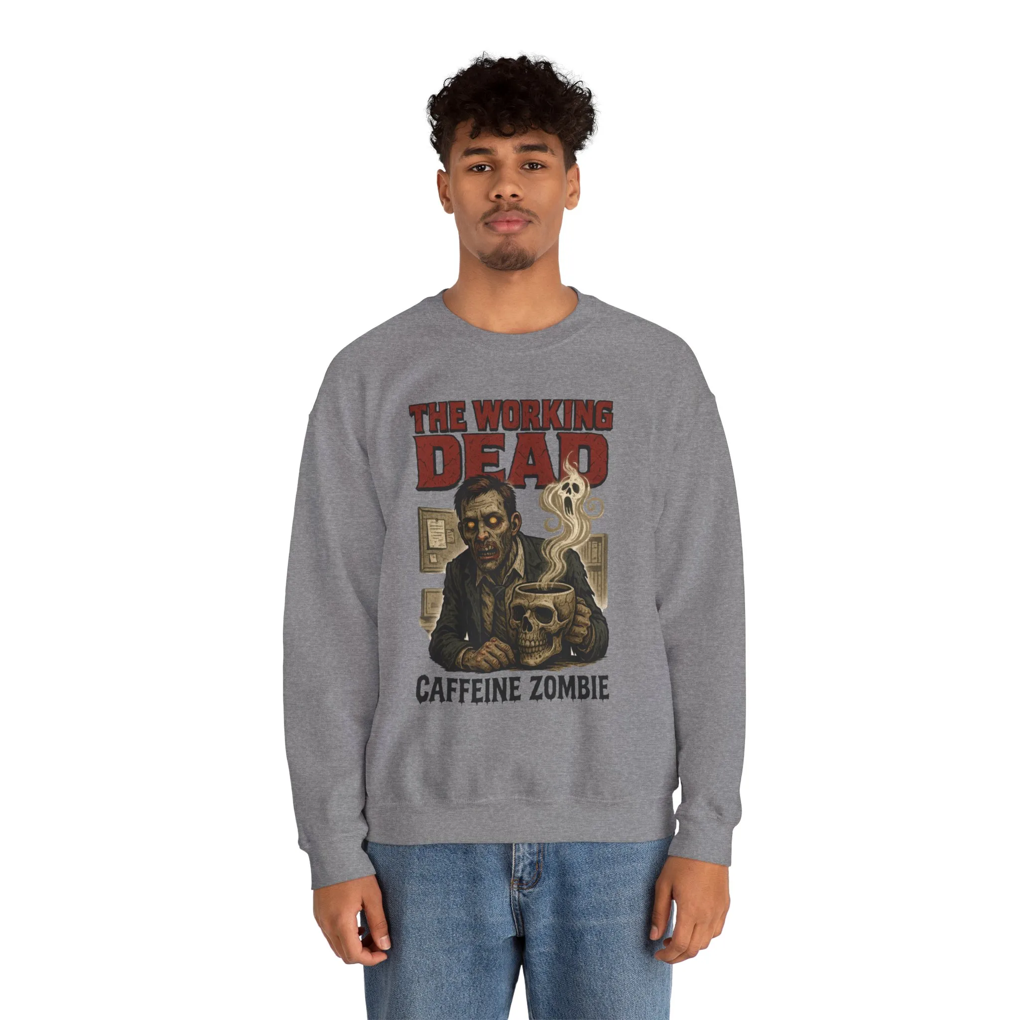 The Working Dead Men's Funny Zombie Sweatshirt, Office Humor Crewneck, Halloween Zombie Top, Coffee Zombie Sweatshirt - Image 14