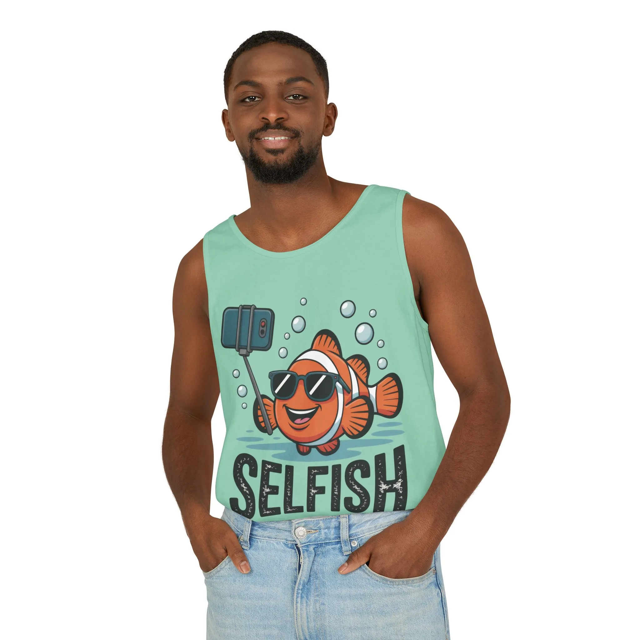 Mens Garment-Dyed Tank Top, Mens Selfish Funny Fish Tank Top, Cute Selfie Graphic Shirt, Ocean Humor Top - Image 3