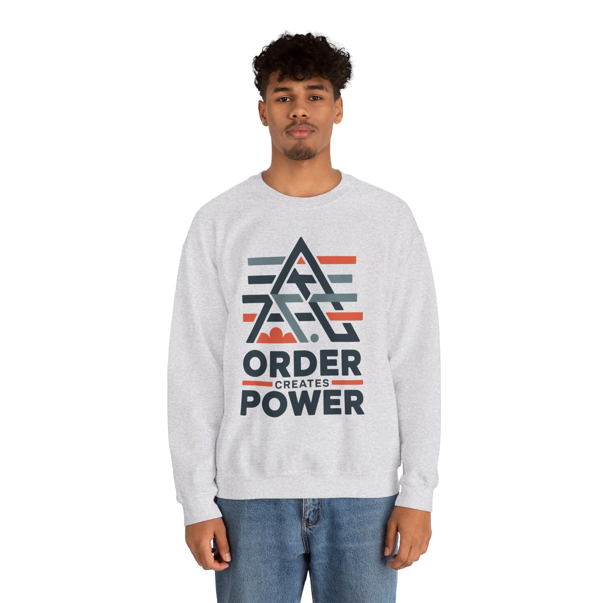 Mens Sweatshirt Order Creates Power, Minimal Geometric Motivational Graphic Pullover, Heavy Blend™ Crewneck Sweatshirt - Image 7