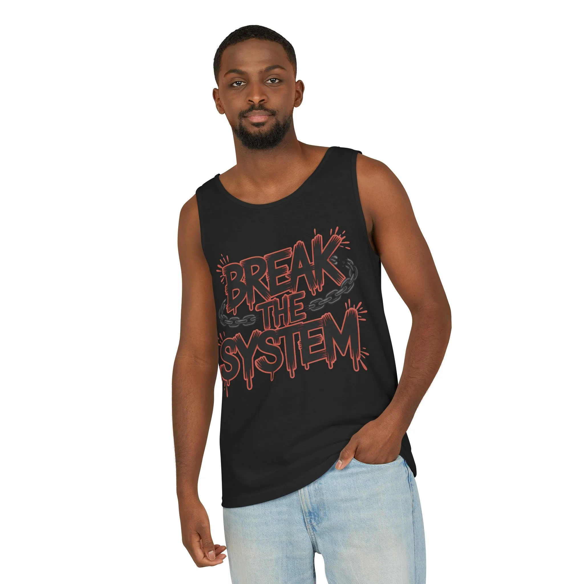 Men's Garment-Dyed Tank Top, Break the System Tank Top, Graphic Protest Muscle Tee, Streetwear Activist Summer Top - Image 25
