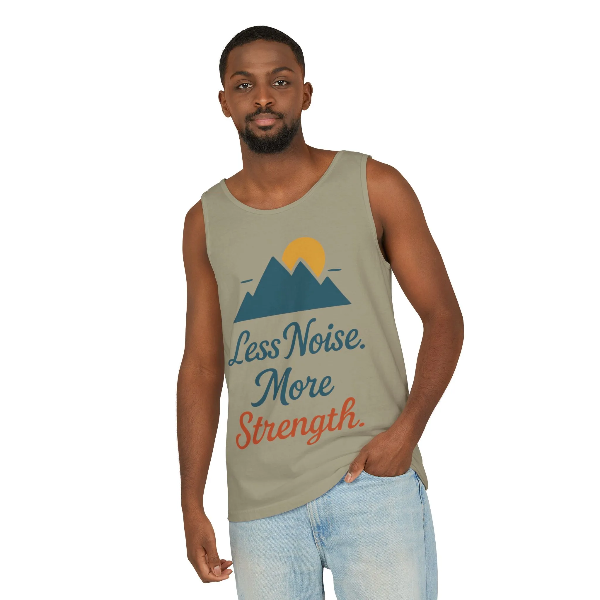 Mens Garment-Dyed Tank Top, Mens Less Noise More Strength Tank Top, Minimal Mountain Fitness Graphic Shirt - Image 5