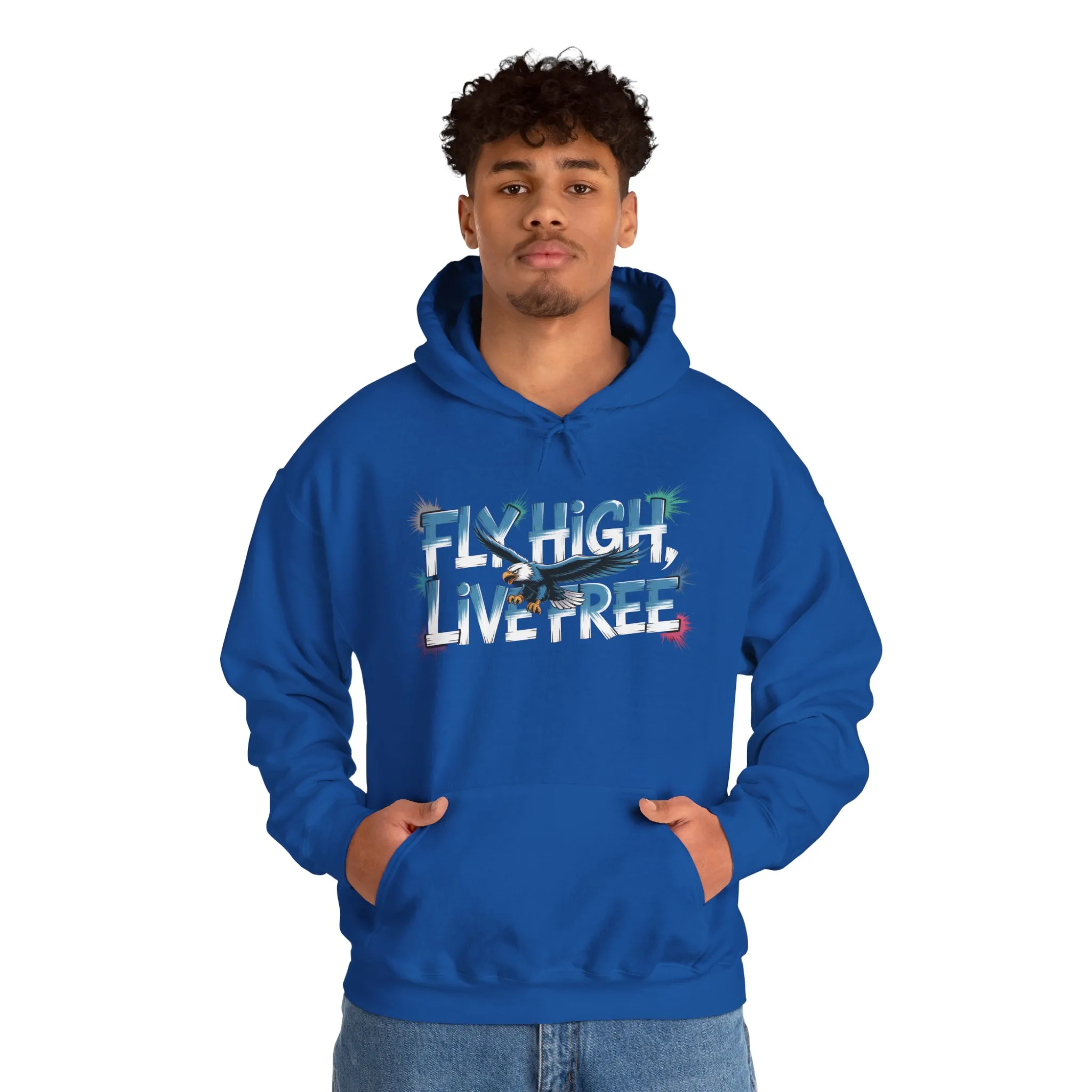 Mens Heavy Blend™ Hooded Sweatshirt, Fly High Live Free Eagle Mens Hoodie Streetwear