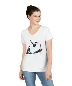 Ladies' V-Neck T-Shirt, Womens Pilates Graphic T-Shirt, Yoga Fitness Tee, Workout Top with Silhouette Print