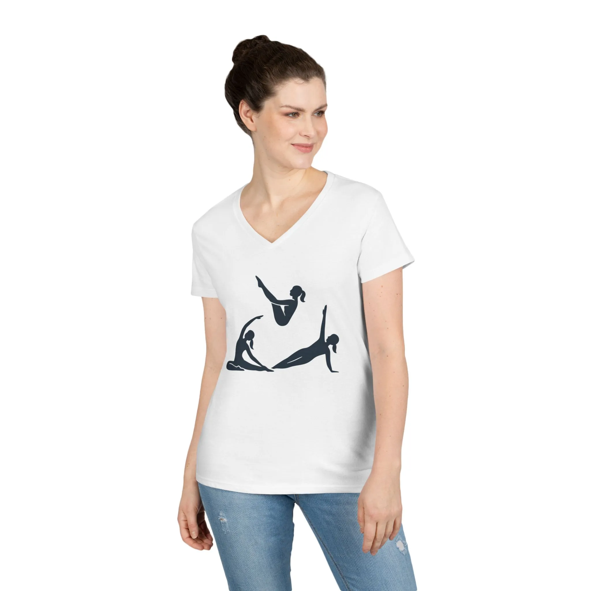 Ladies' V-Neck T-Shirt, Womens Pilates Graphic T-Shirt, Yoga Fitness Tee, Workout Top with Silhouette Print