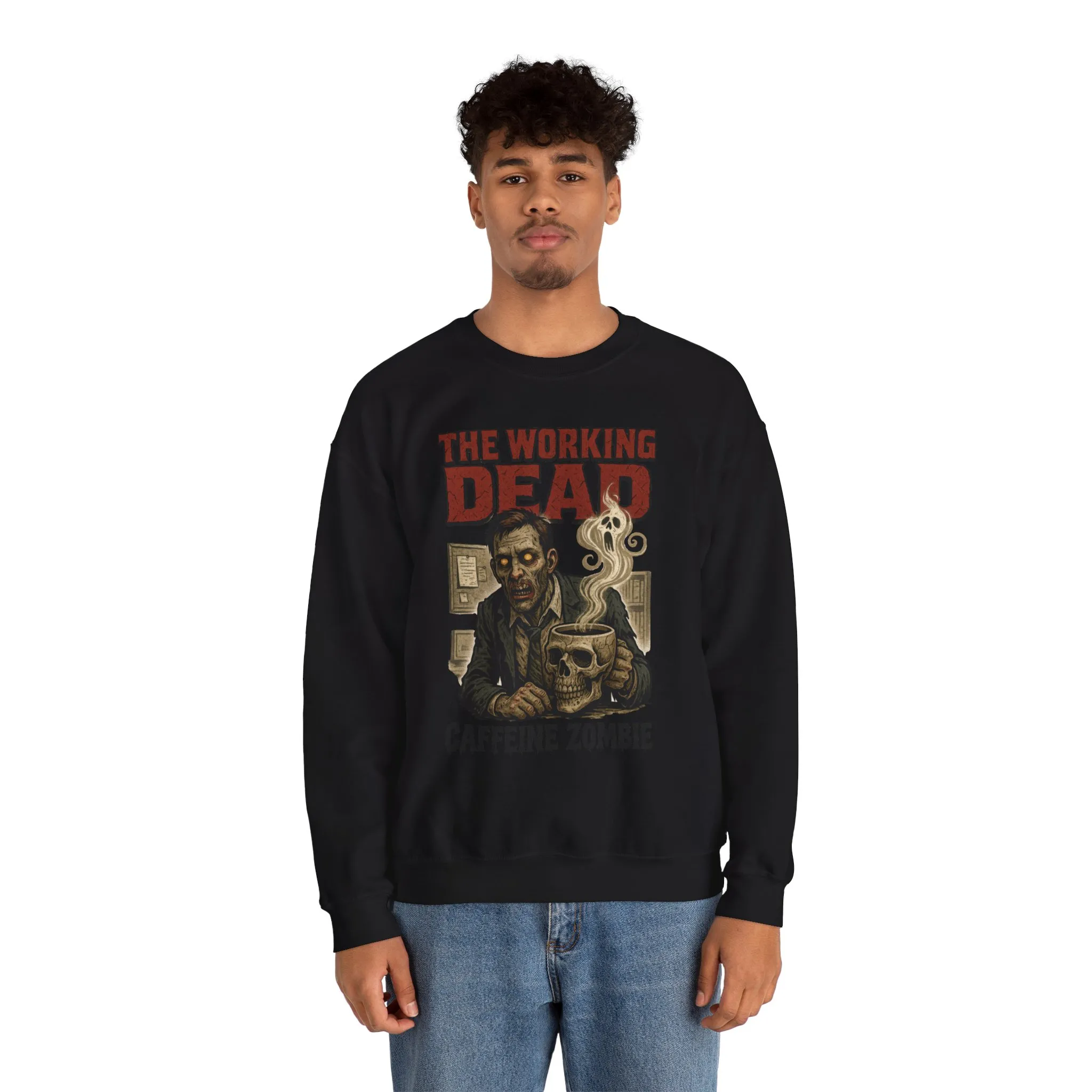 The Working Dead Men's Funny Zombie Sweatshirt, Office Humor Crewneck, Halloween Zombie Top, Coffee Zombie Sweatshirt - Image 3