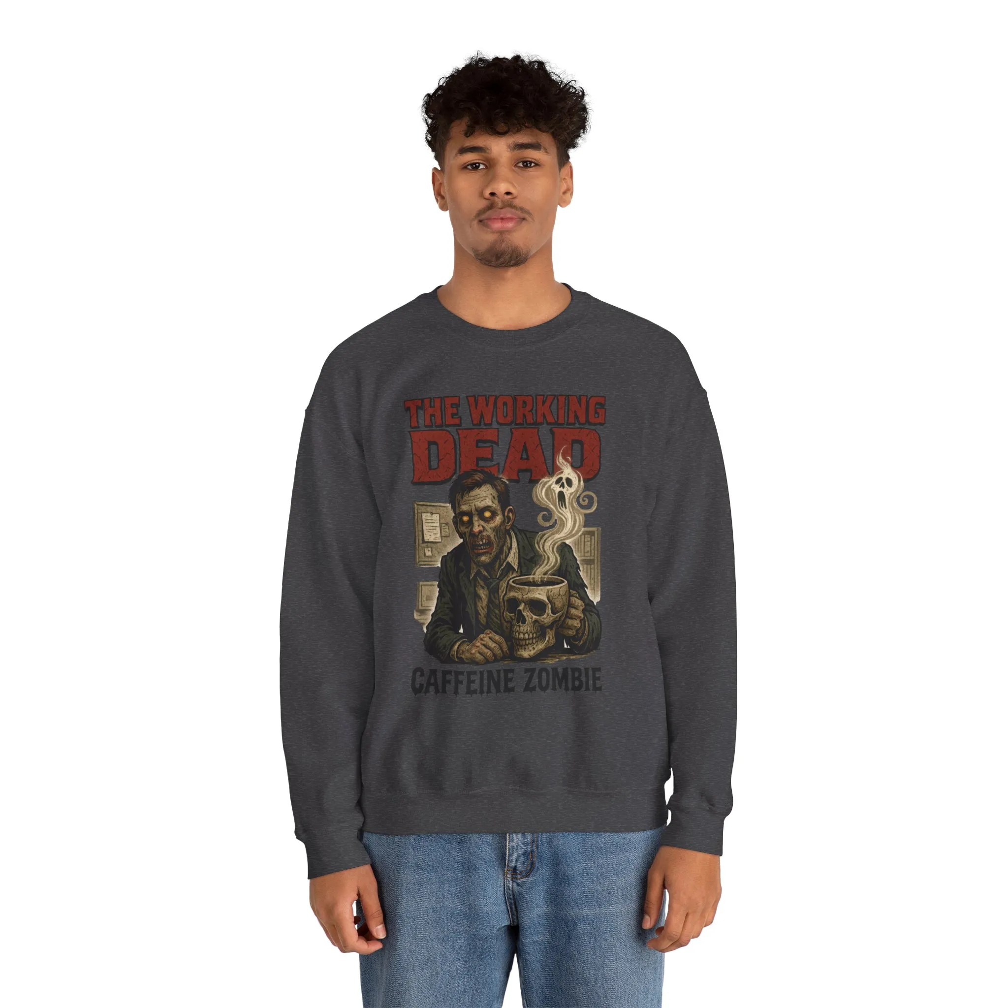 The Working Dead Men's Funny Zombie Sweatshirt, Office Humor Crewneck, Halloween Zombie Top, Coffee Zombie Sweatshirt - Image 17