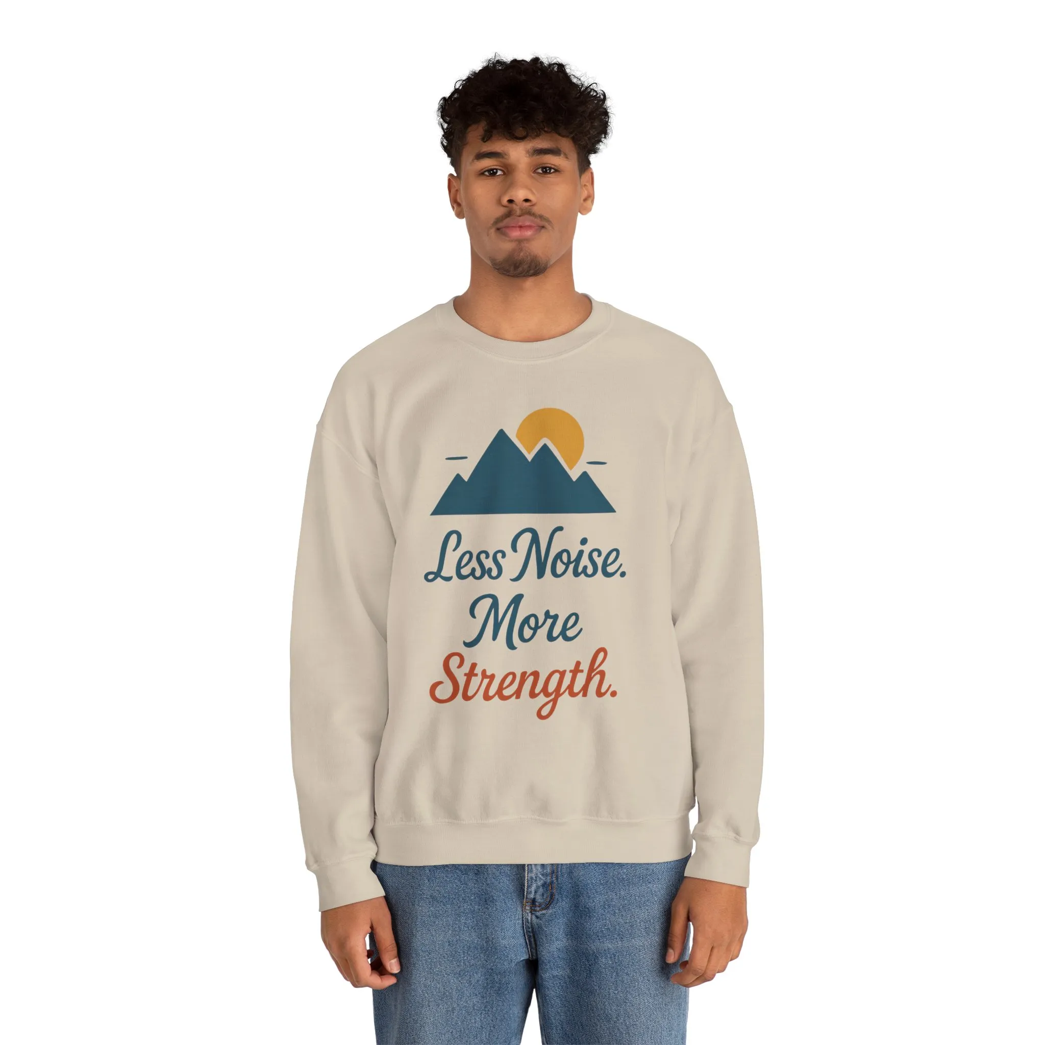 Mens Less Noise More Strength Sweatshirt, Motivational Mountain Pullover Top, Mens Heavy Blend™ Crewneck Sweatshirt