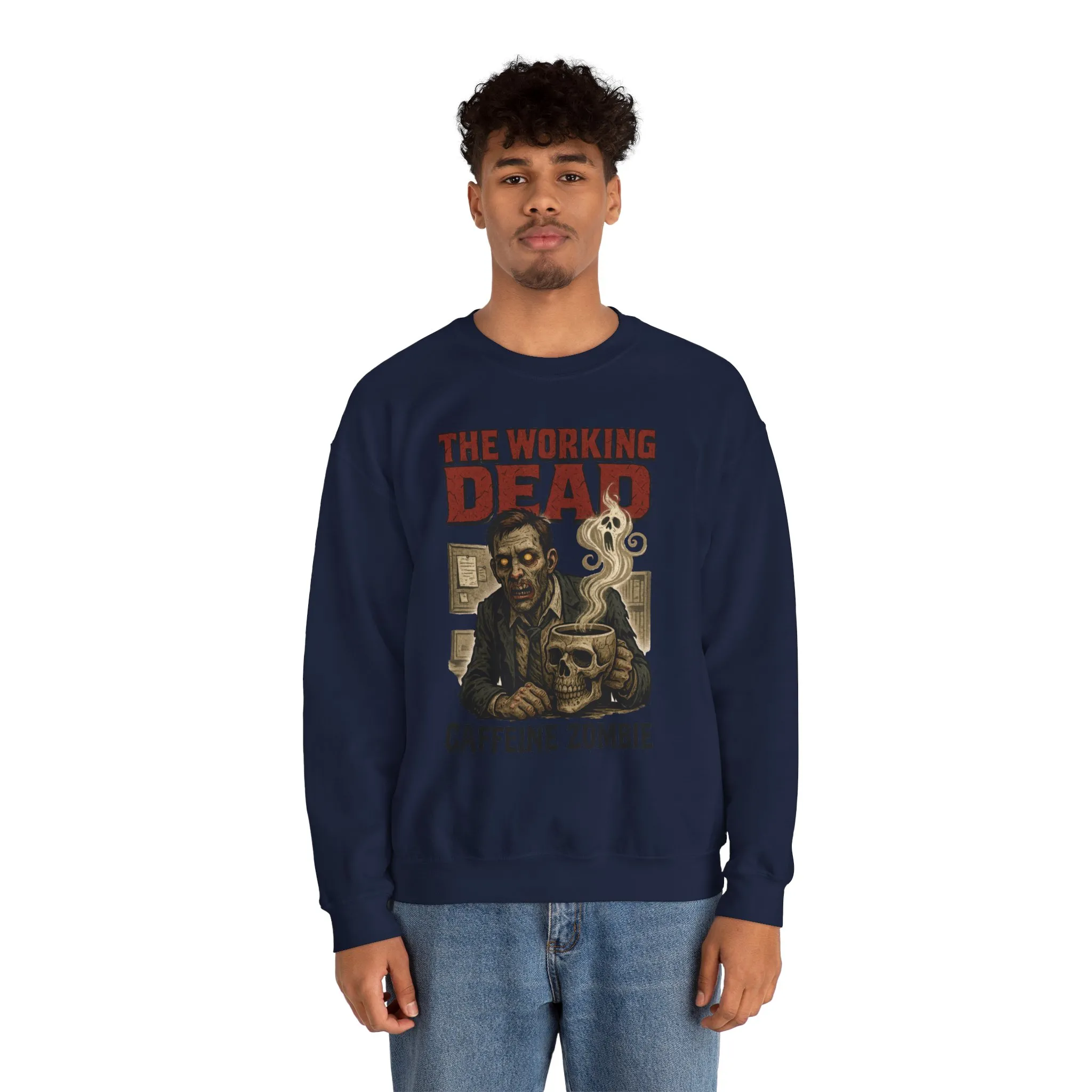 The Working Dead Men's Funny Zombie Sweatshirt, Office Humor Crewneck, Halloween Zombie Top, Coffee Zombie Sweatshirt - Image 26