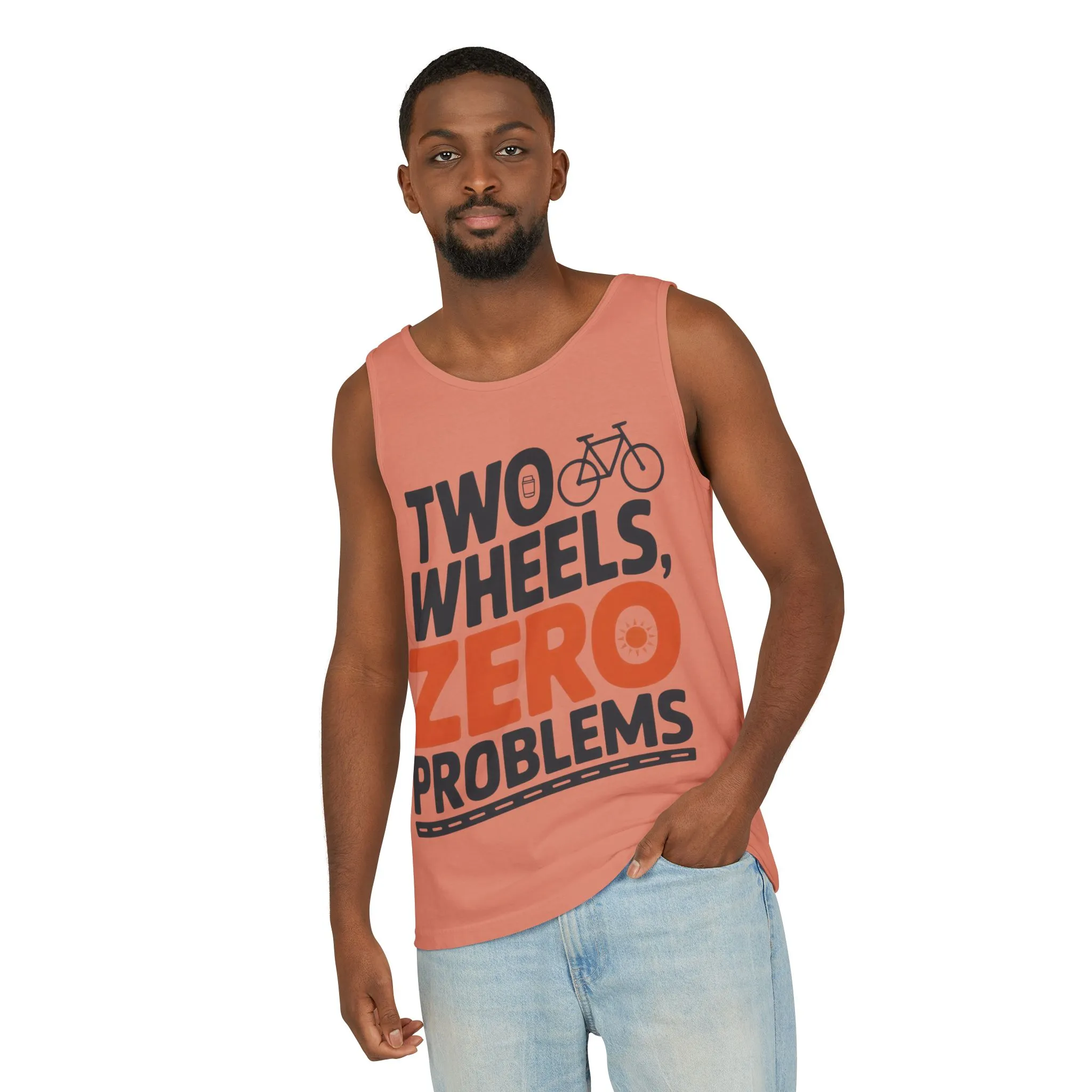 Mens Garment-Dyed Tank Top, Two Wheels Zero Problems Mens Cycling Graphic Tank, Gift for Cyclists - Image 4
